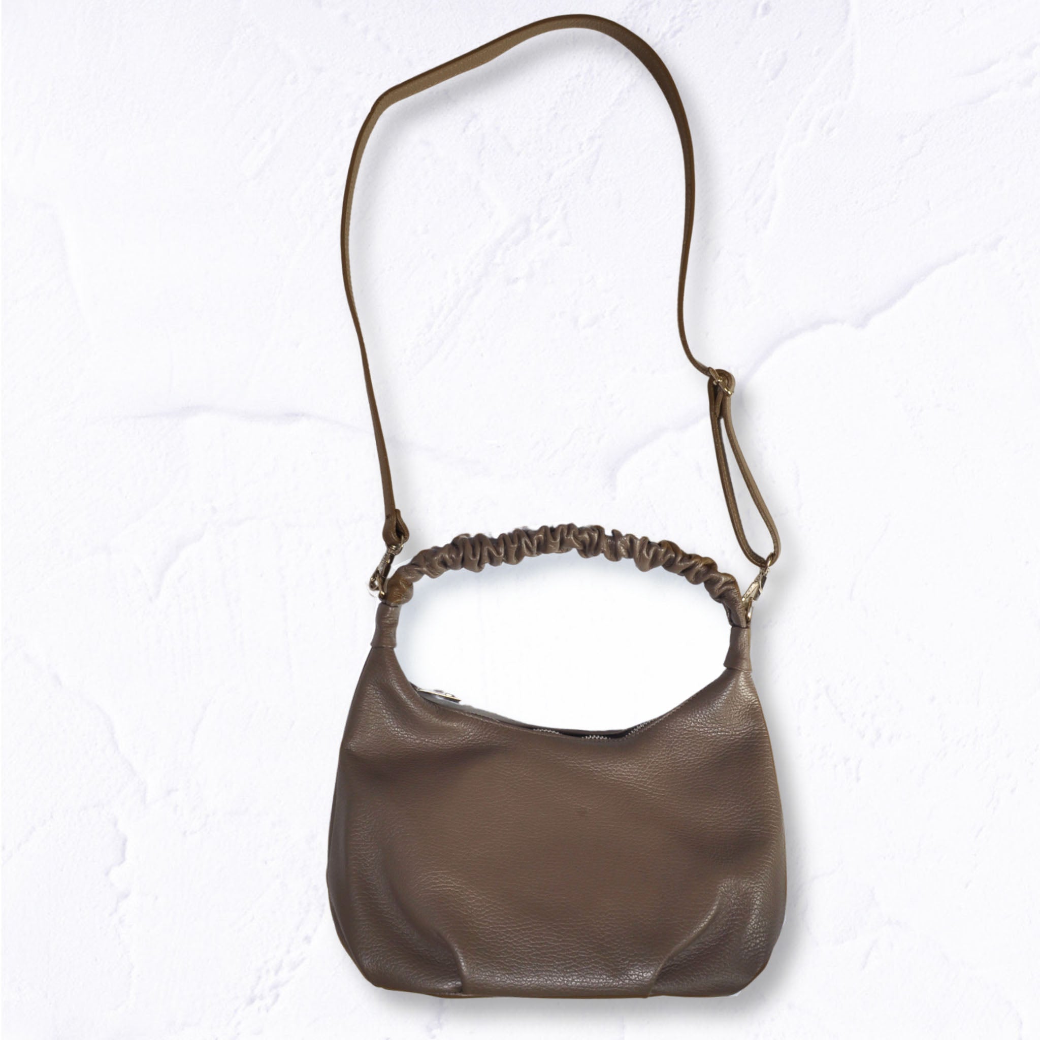 Scrunched handle geniune leather handbag