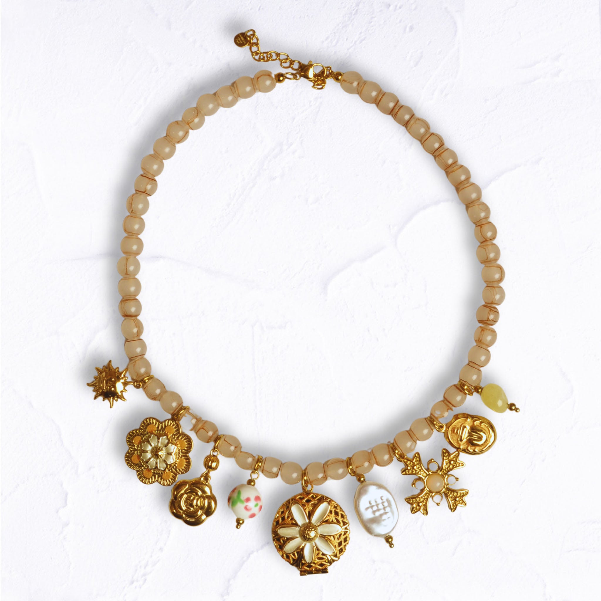 Multi flower locket smokey beaded choker