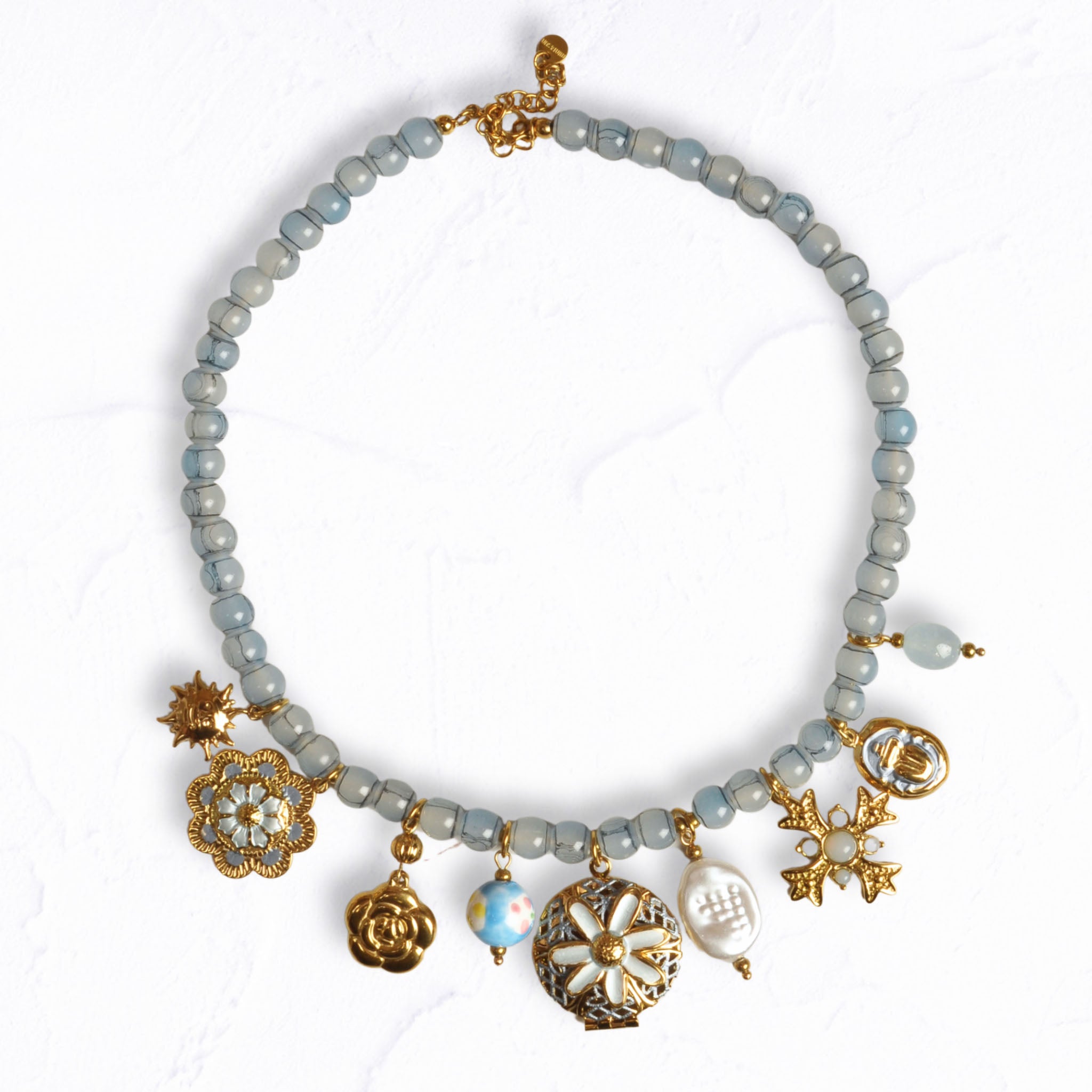 Multi flower charm locket beaded choker