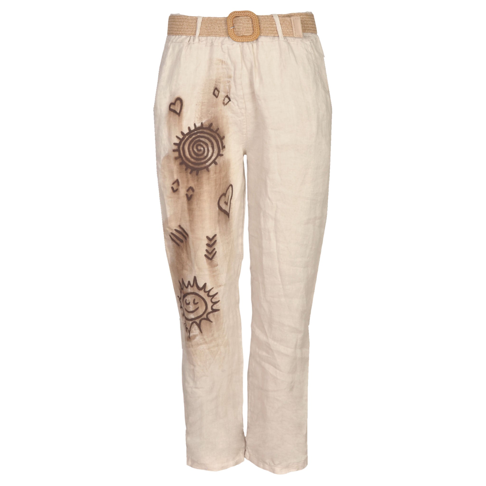 Belted sun heart print linen pant
