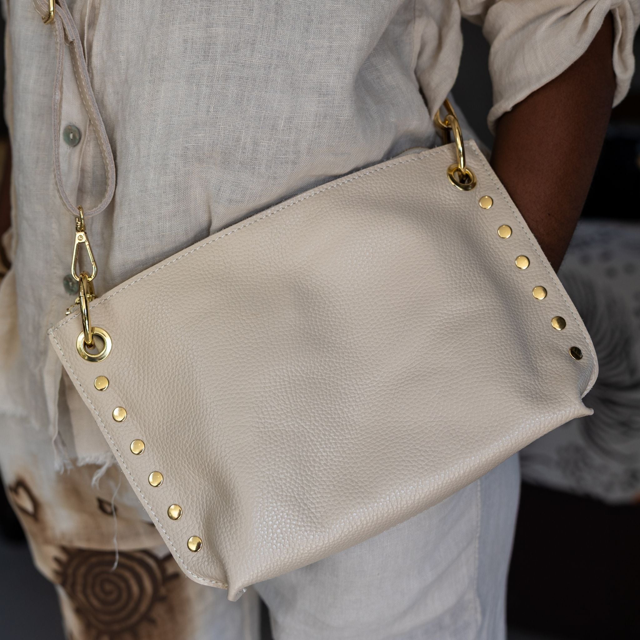 Genuine leather stud detail messenger bag