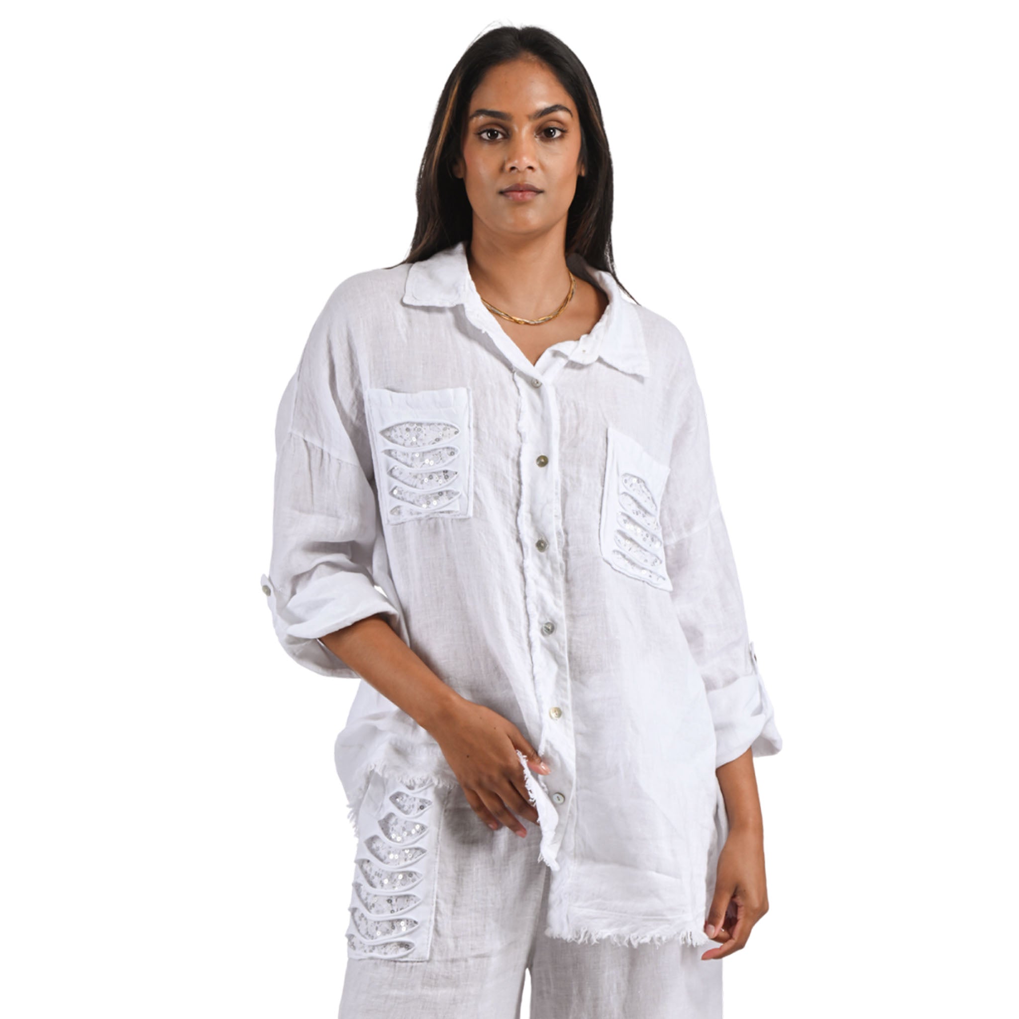 Sequin lace slashed pocket linen shirt