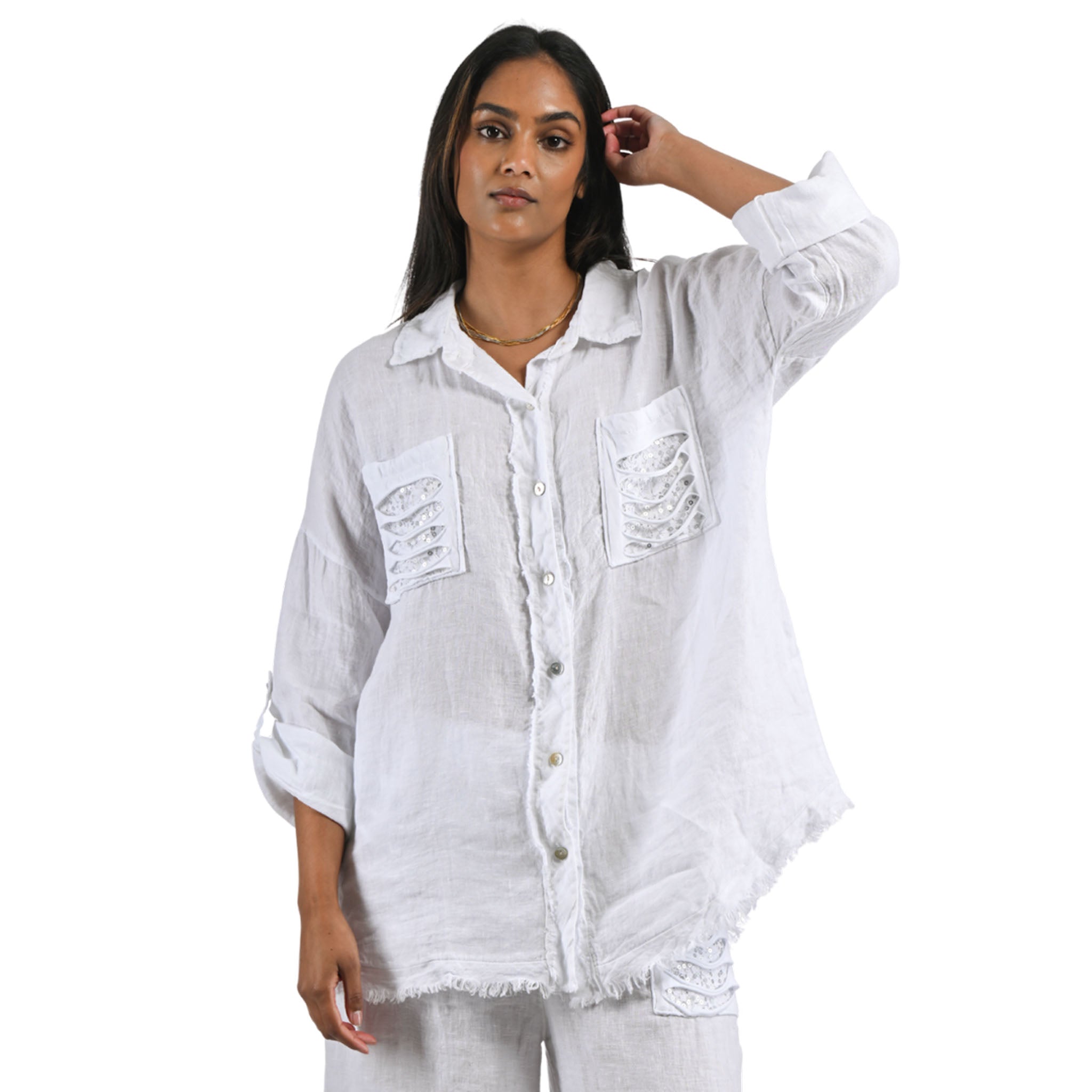 Sequin lace slashed pocket linen shirt