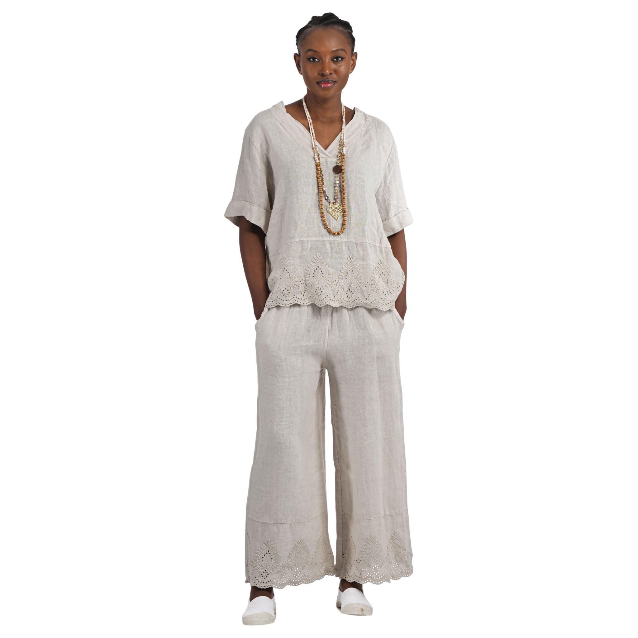 Embroidered floral border linen top