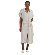 Crochet sequin flower linen shirt dress
