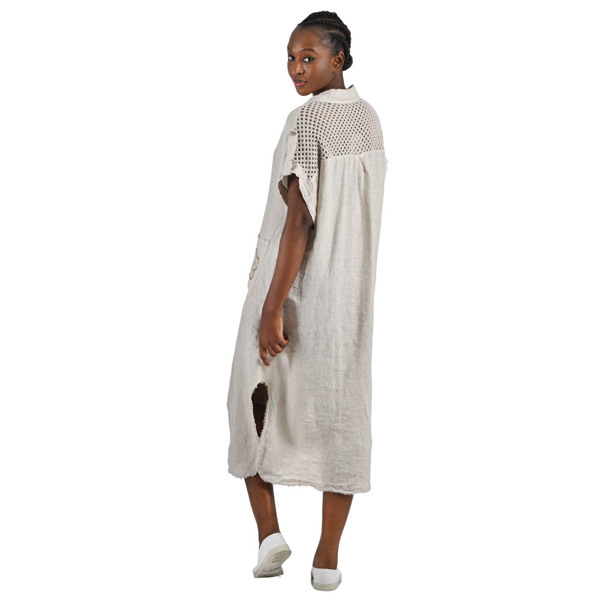 Crochet sequin flower linen shirt dress