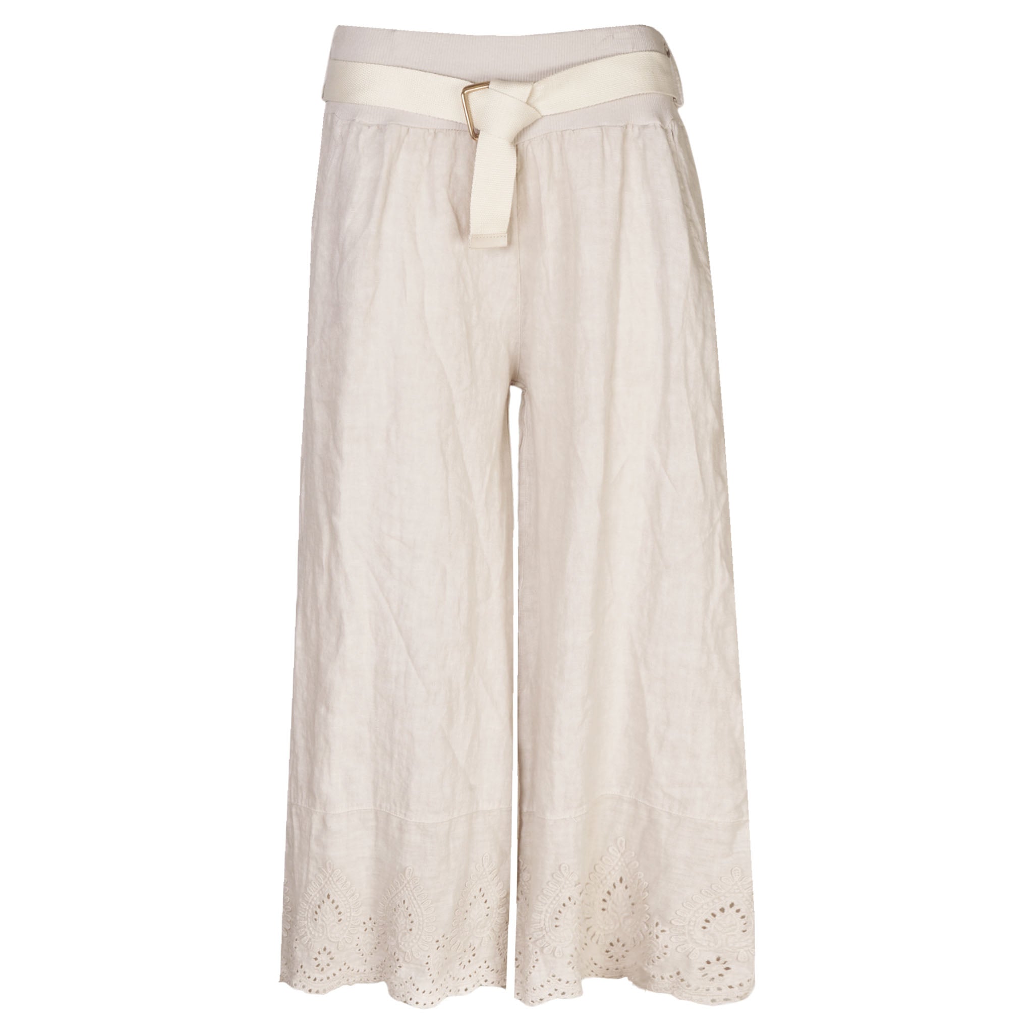 Embroidered border belted linen pant