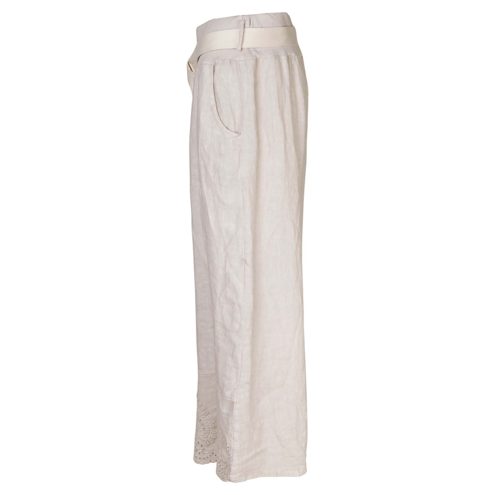 Embroidered border belted linen pant