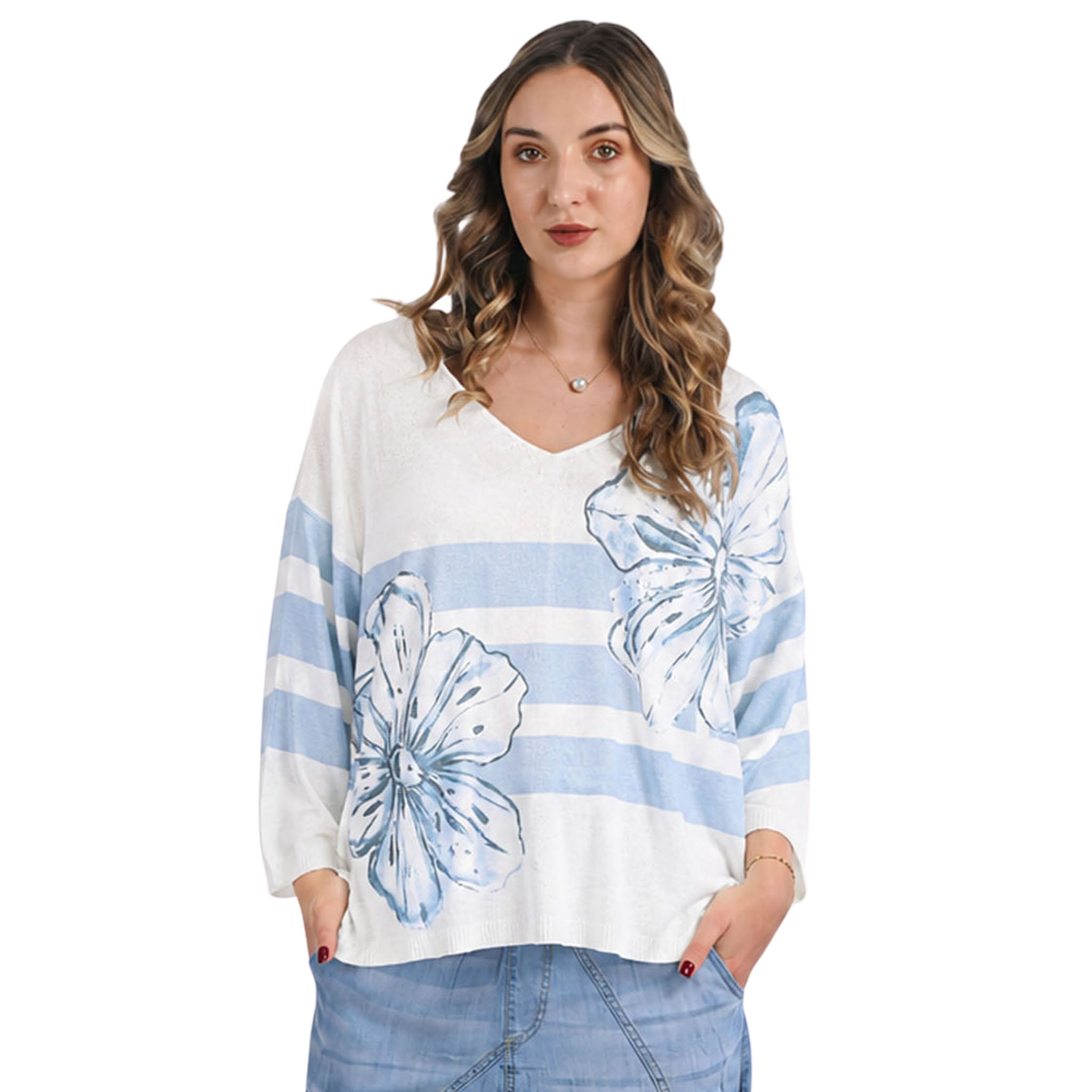 Giant stripe lily print knit top
