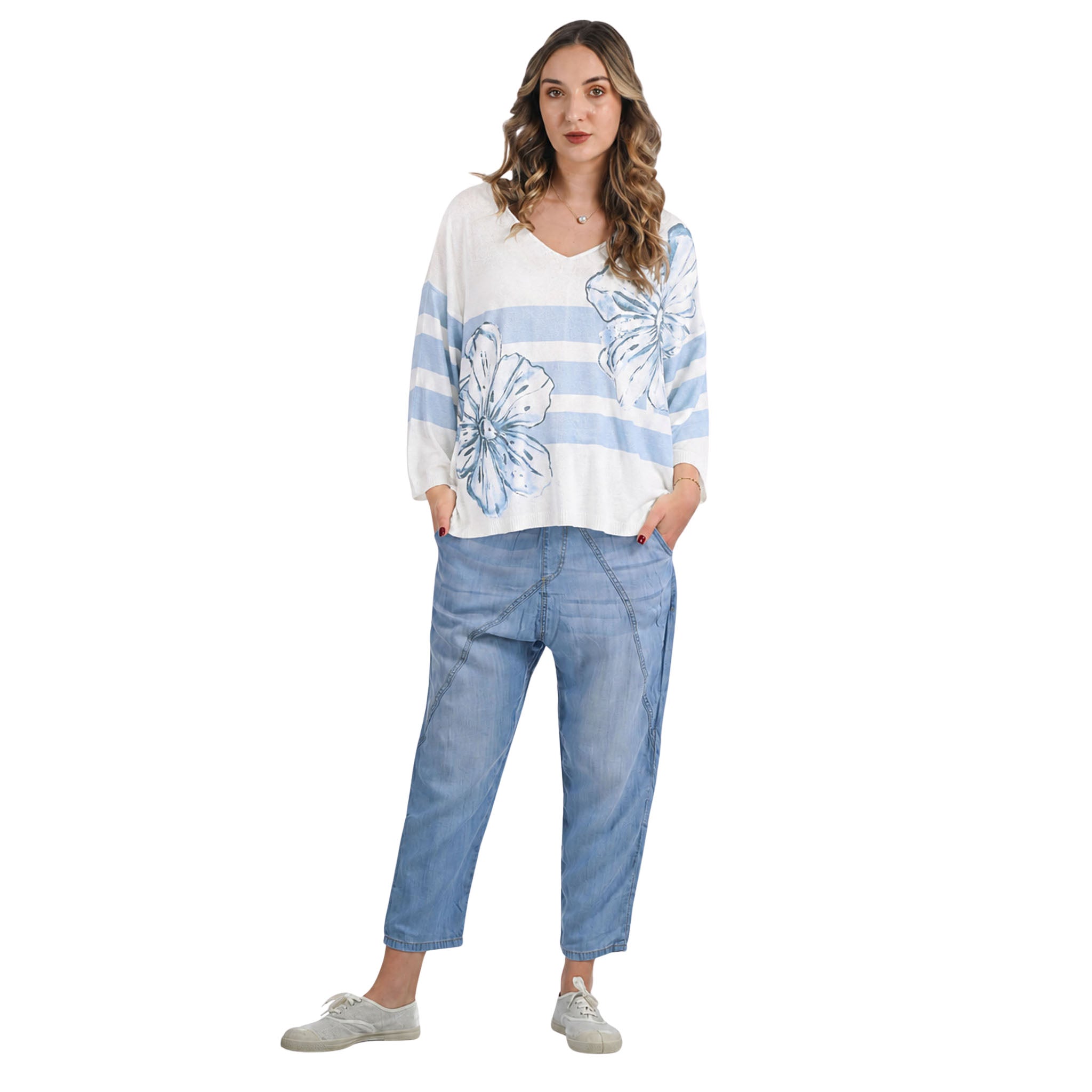 Giant stripe lily print knit top