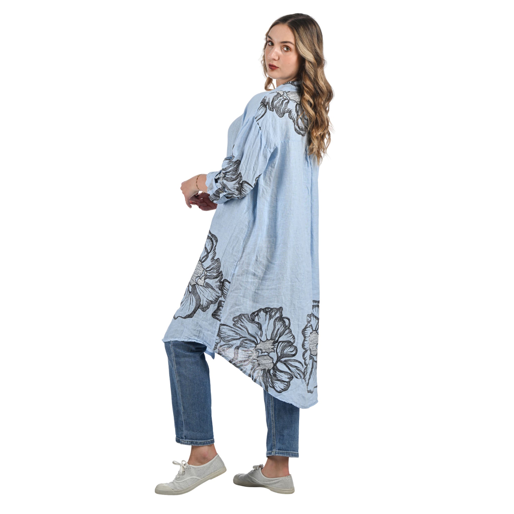 Giant flower border linen midi dress/shirt