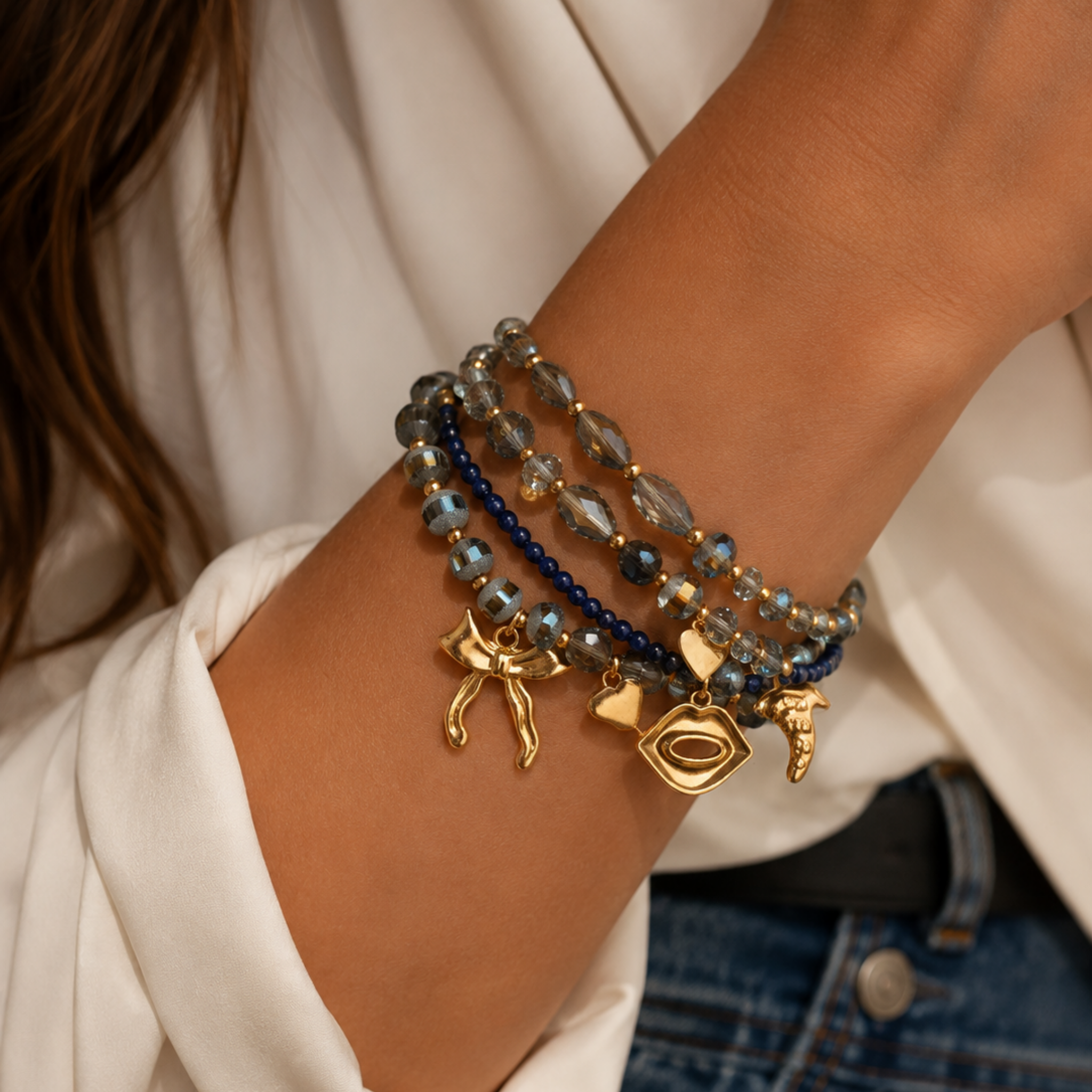 Bow lip charm multi string beaded bracelet