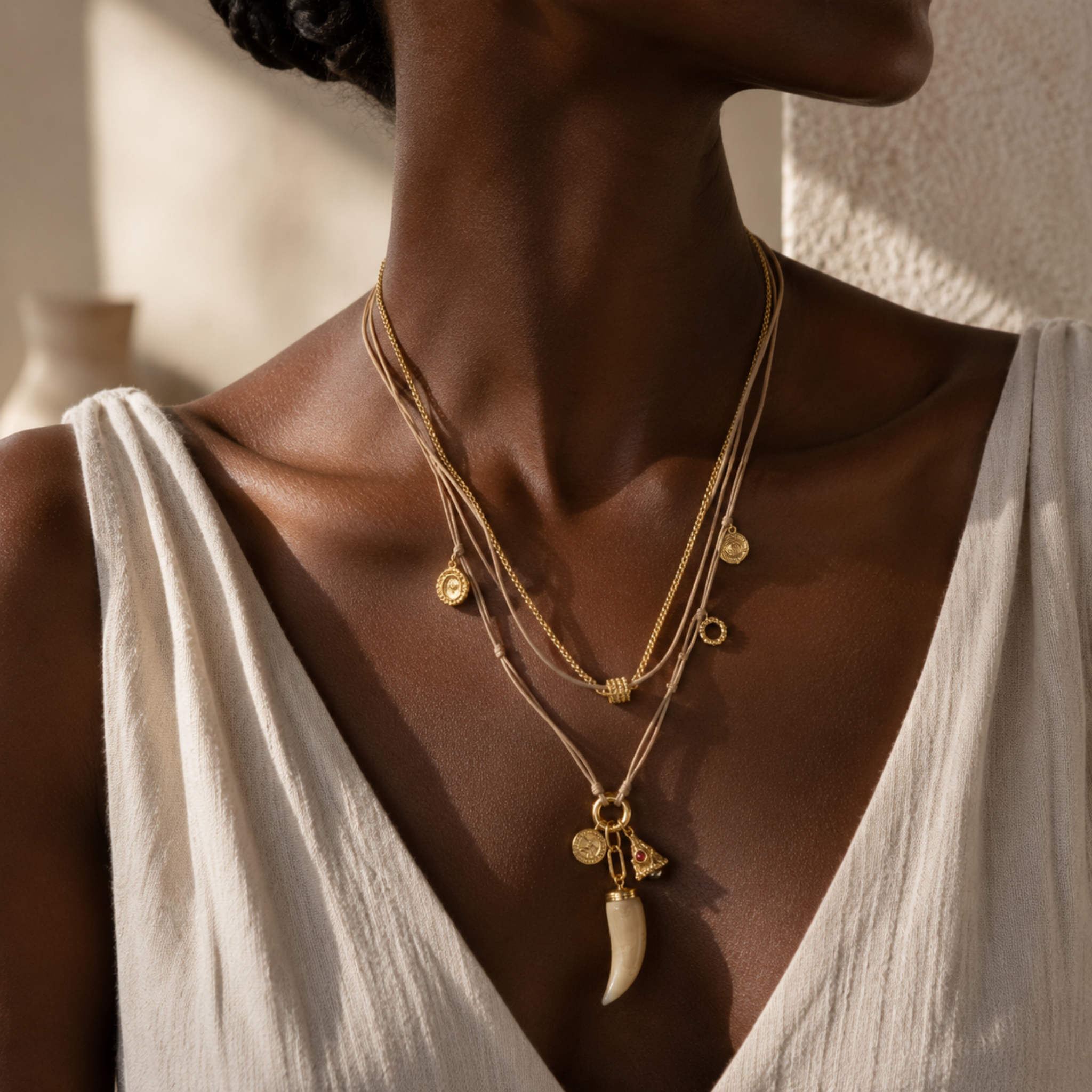 Multi charm horn pendant necklace