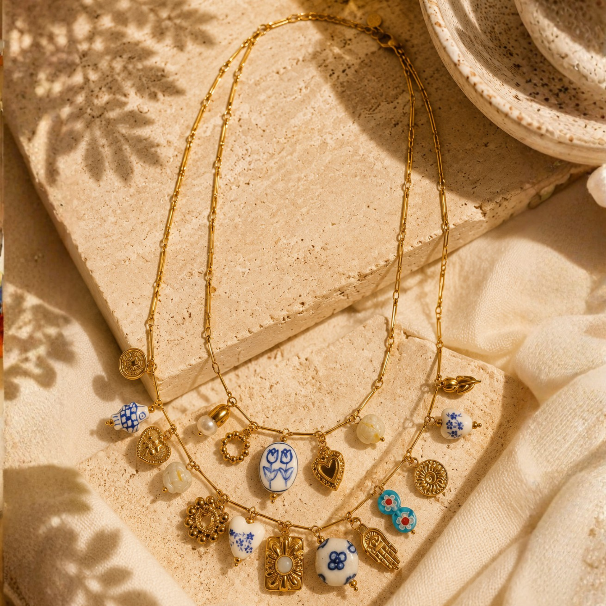 Floral porcelain charm beaded necklace