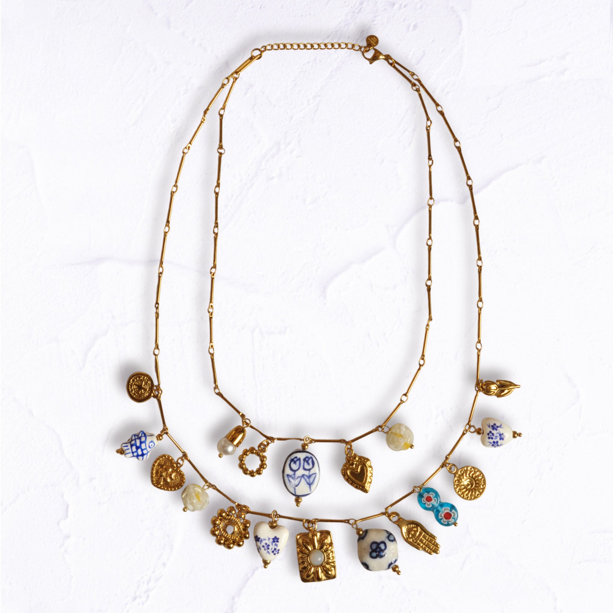 Floral porcelain charm beaded necklace