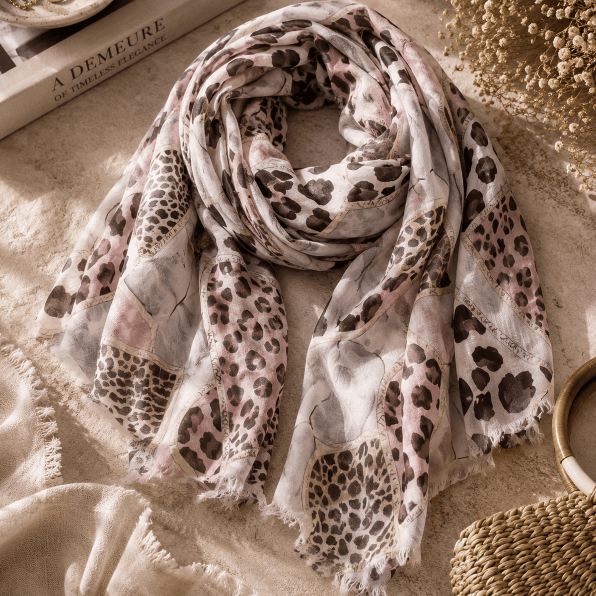 Multi animal print heart raw edge scarf
