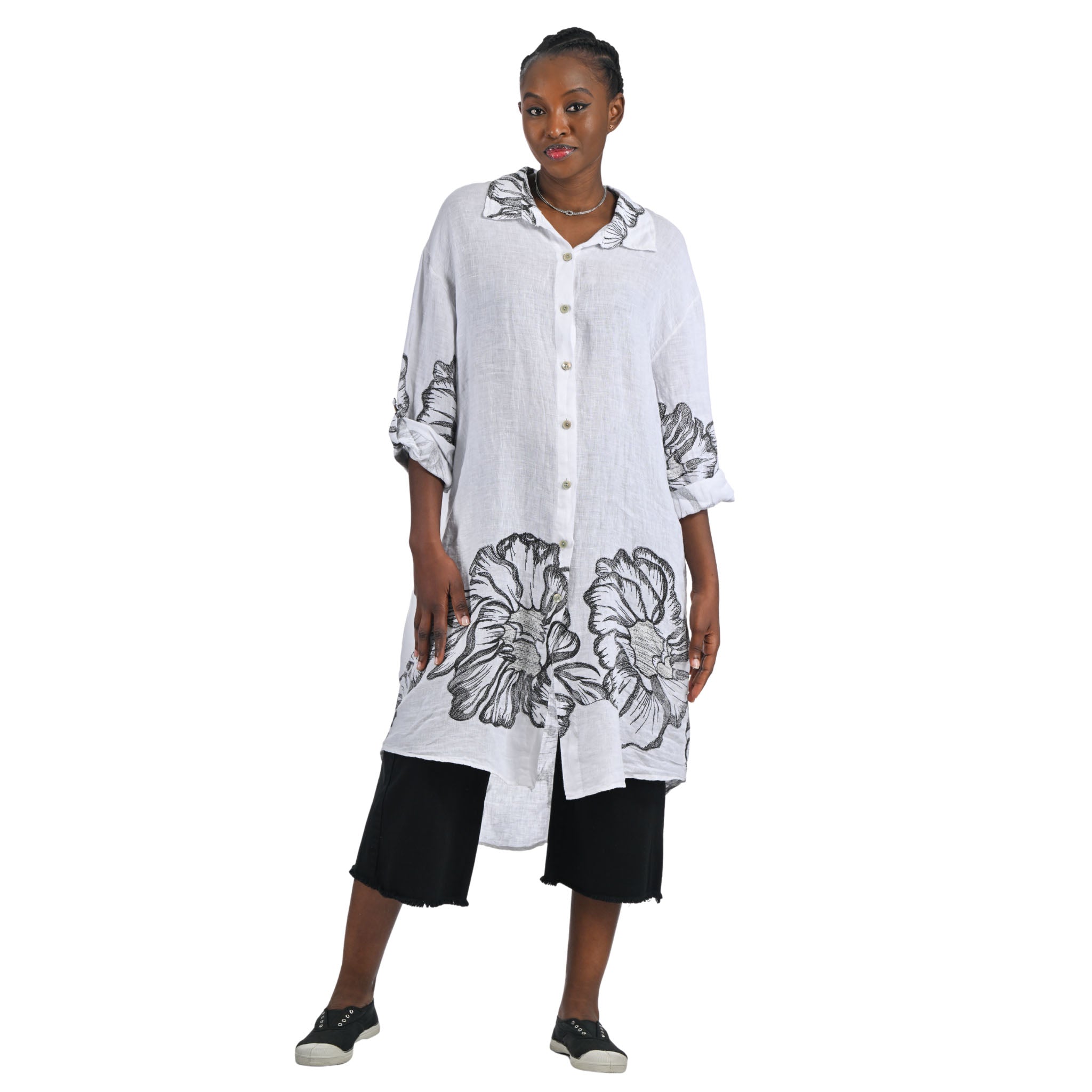 Giant flower border linen midi dress/shirt