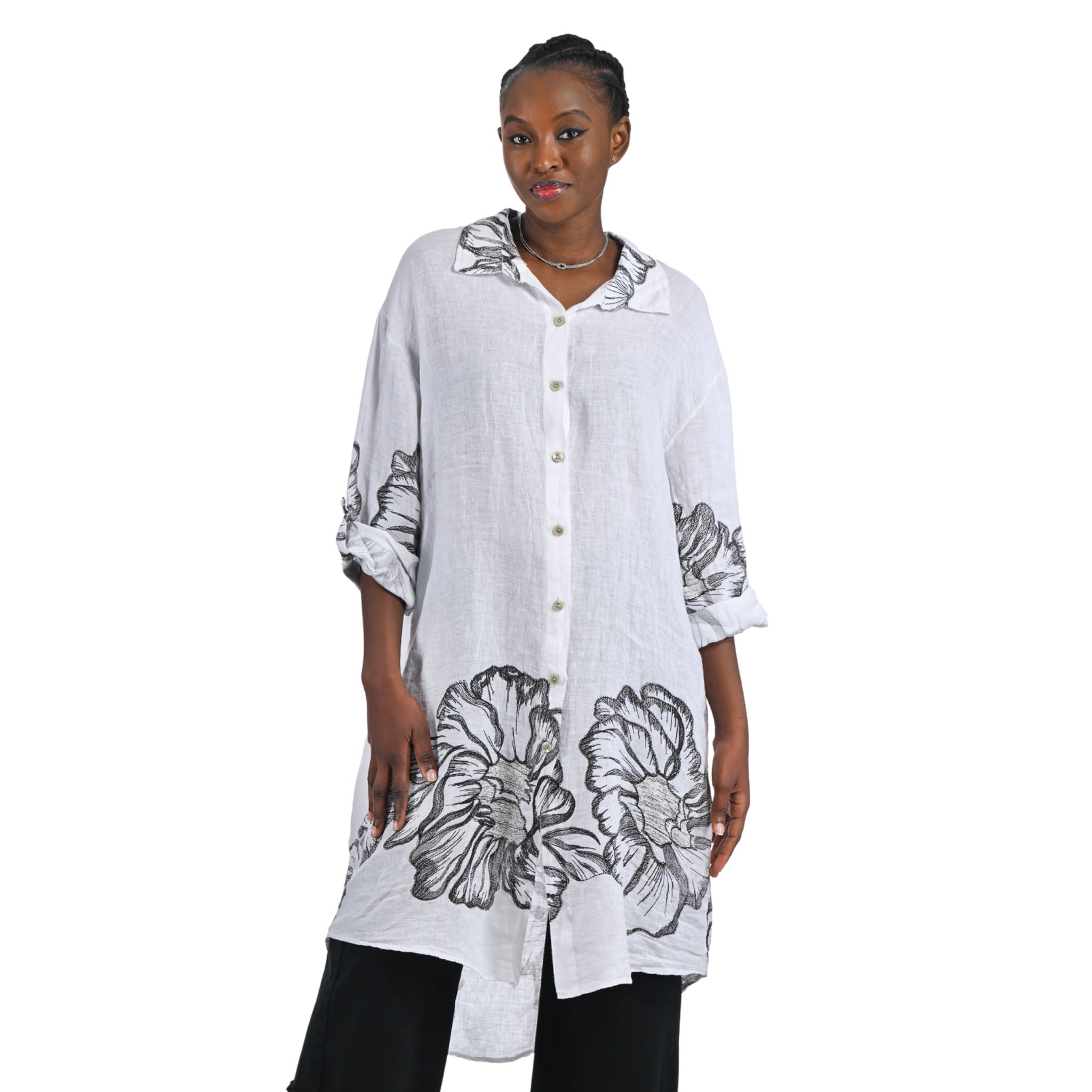Giant flower border linen midi dress/shirt