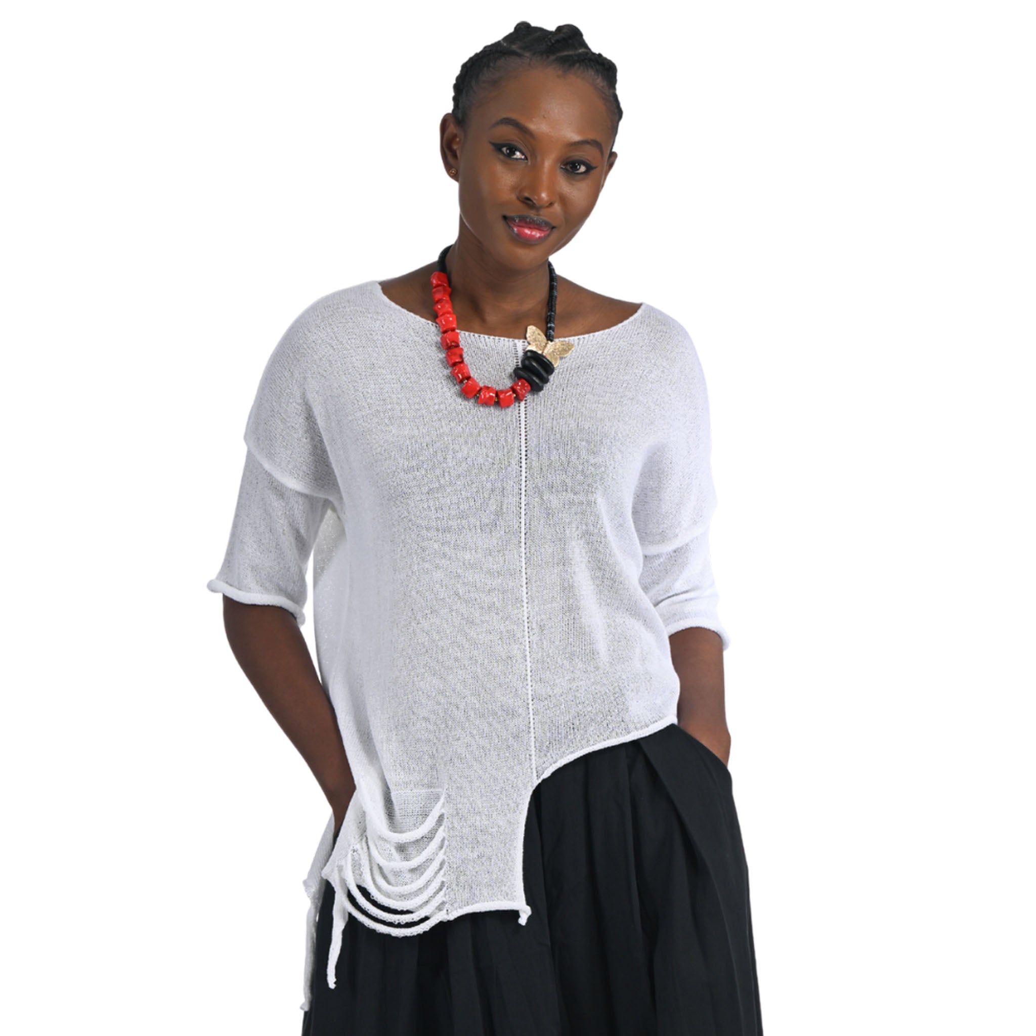 Torn pocket asymmetrical knit top