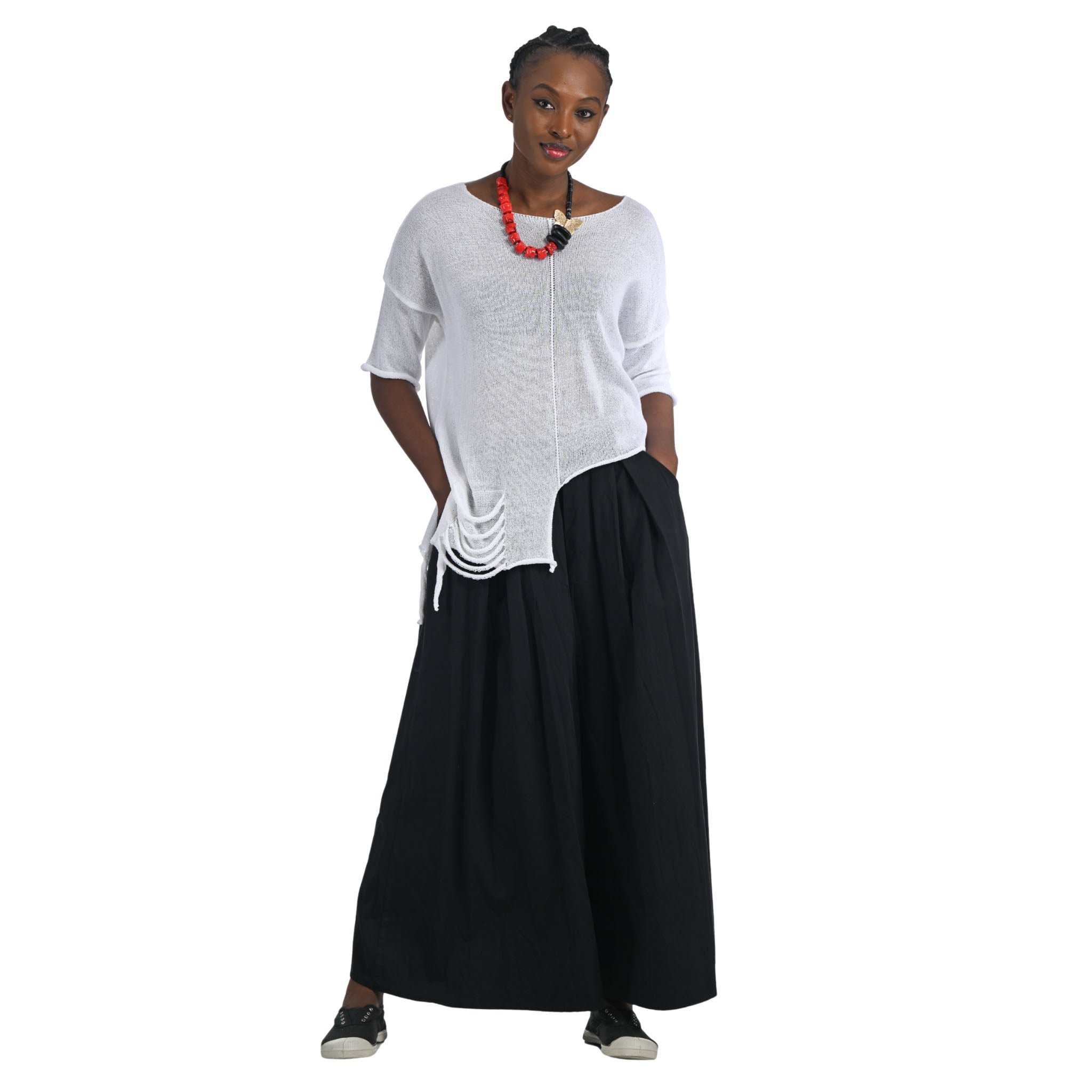 Torn pocket asymmetrical knit top