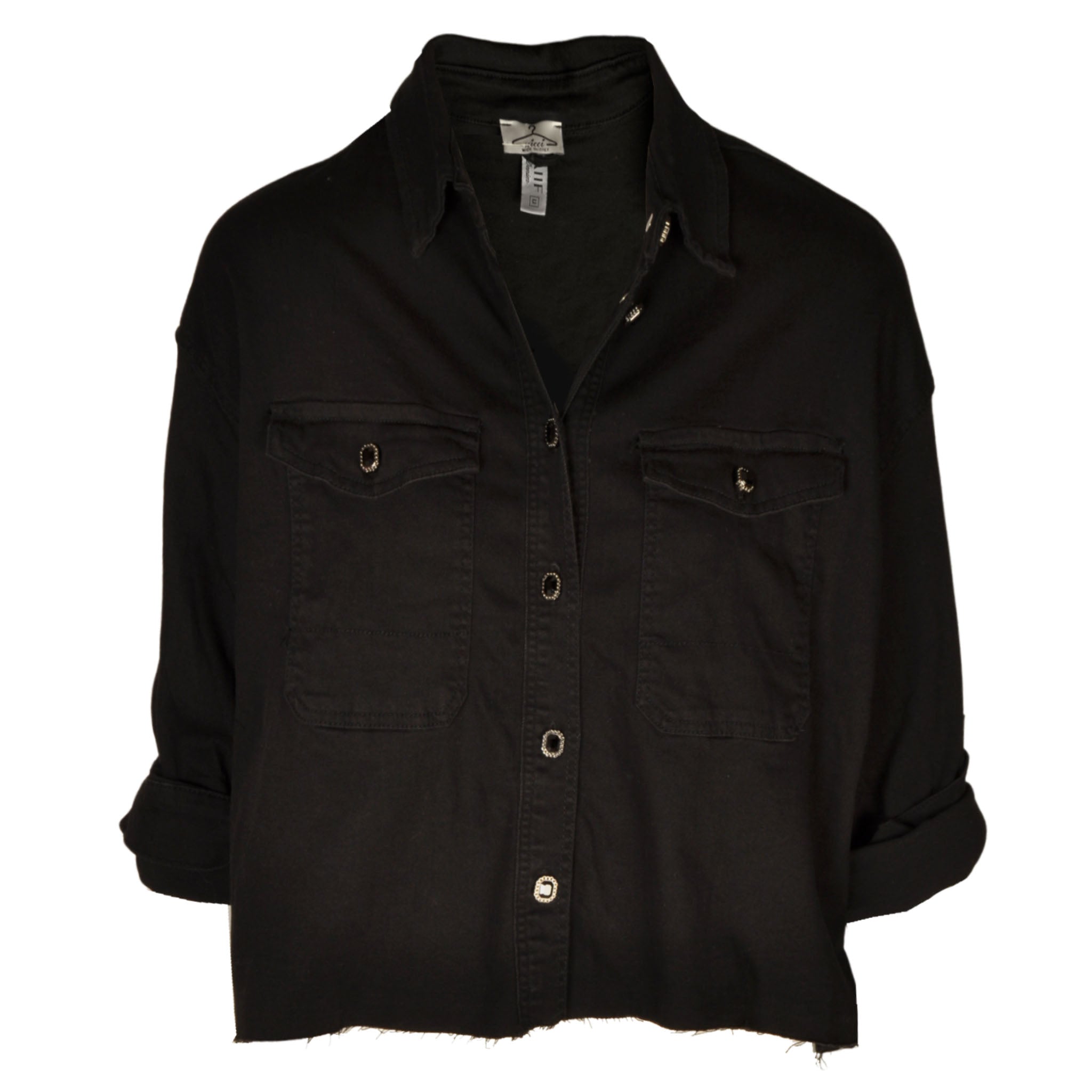 Diamante button raw edge denim jacket