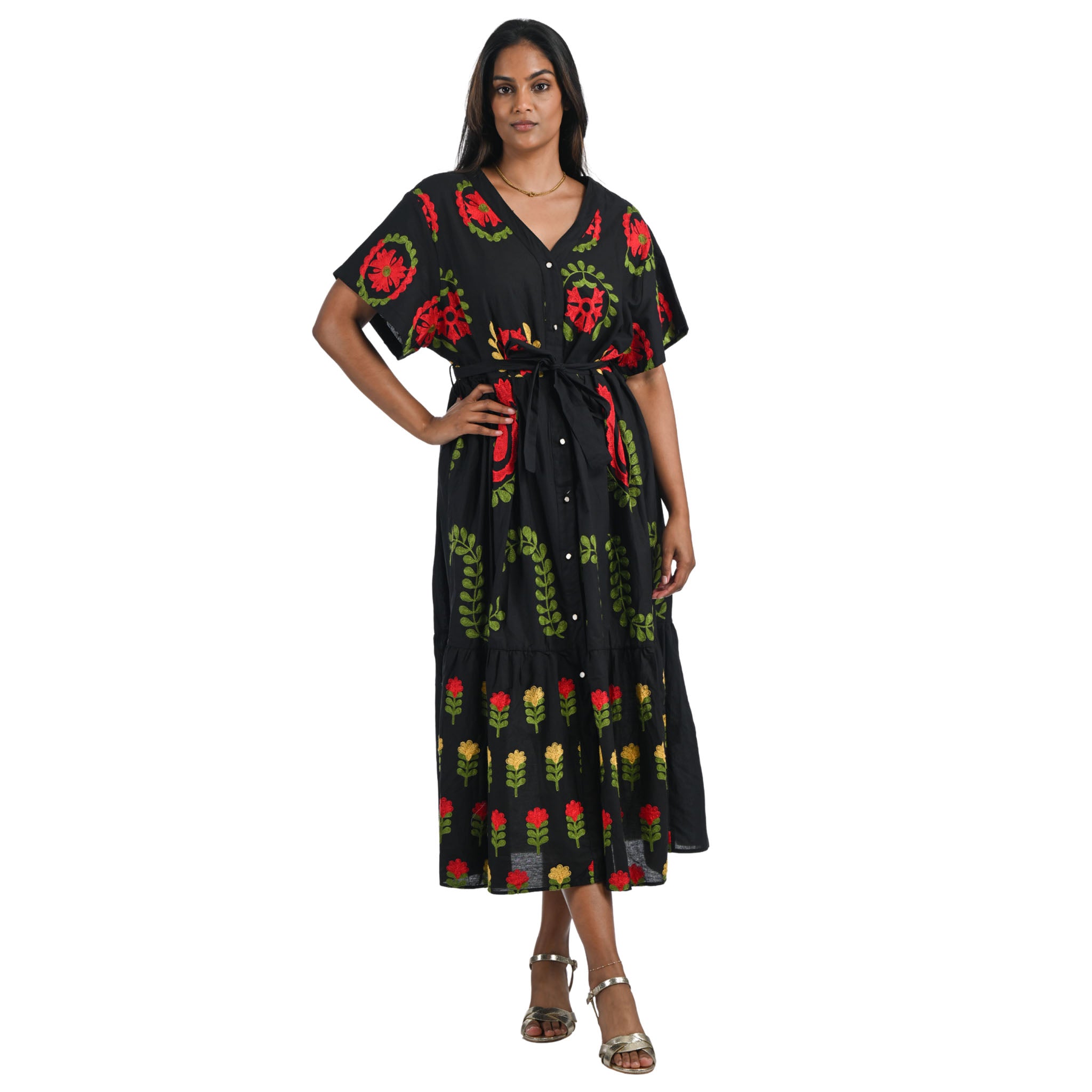 Floral embroidered tiered maxi dress
