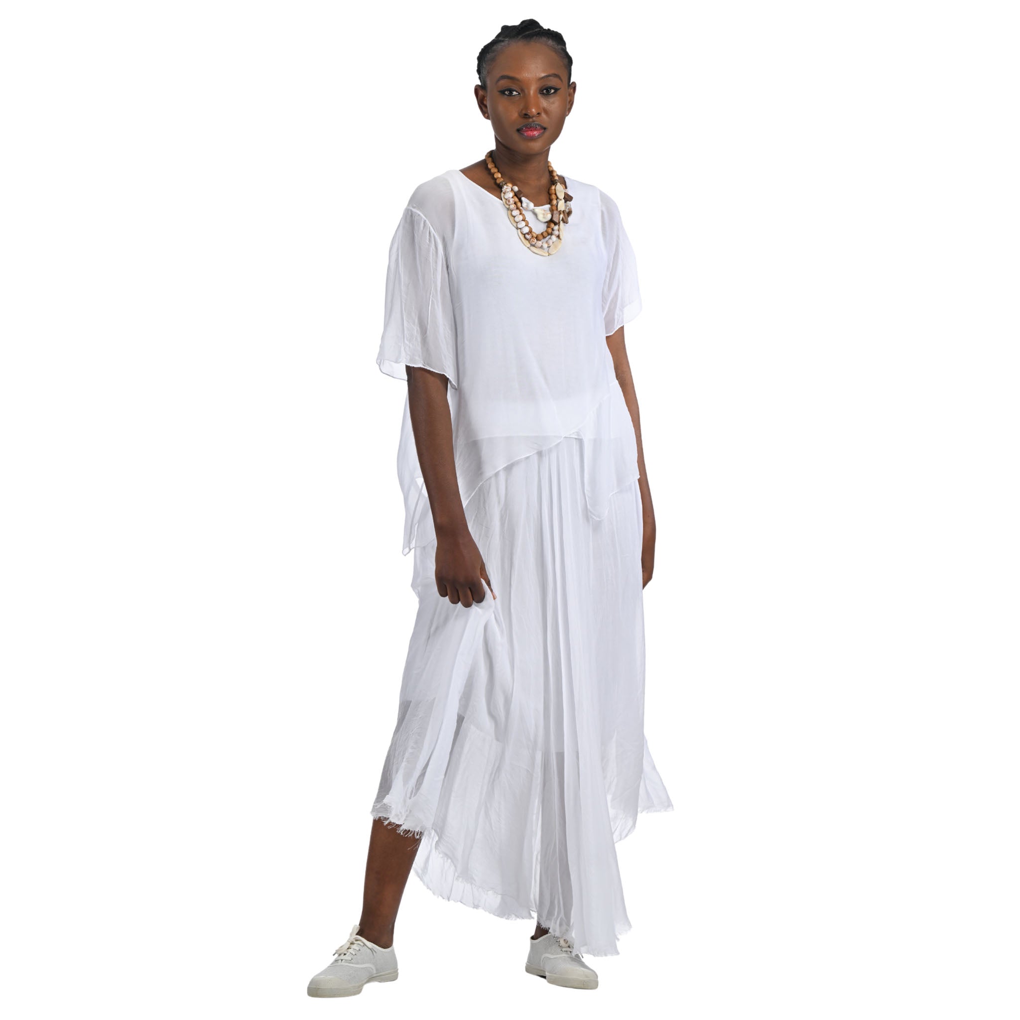 Double layered raw edge swing skirt