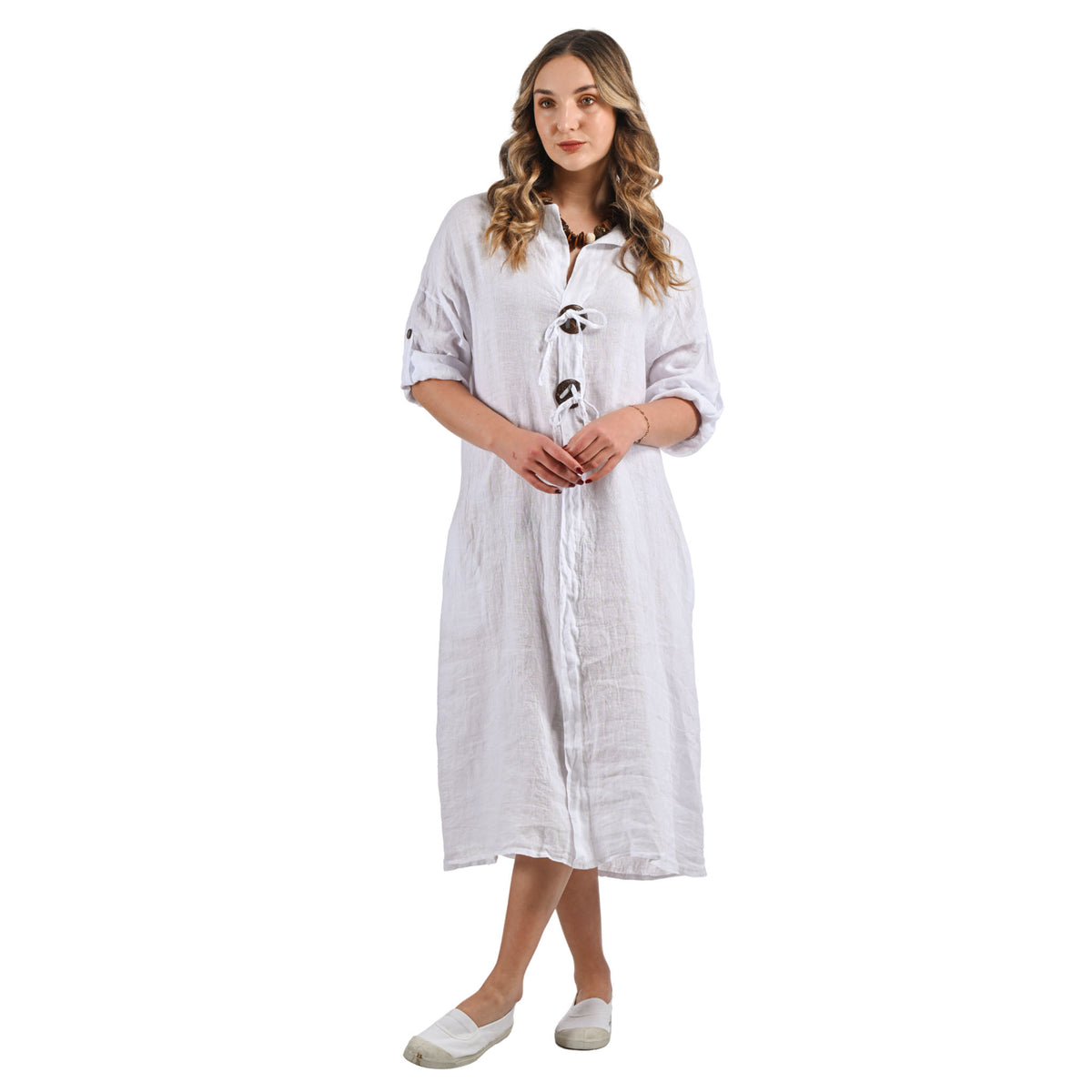 Two giant coconut button linen maxi dress