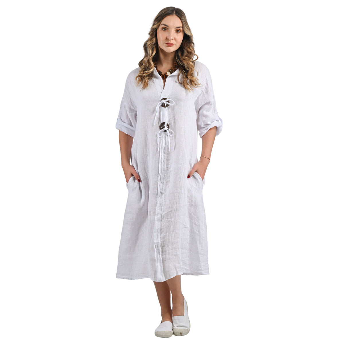 Two giant coconut button linen maxi dress