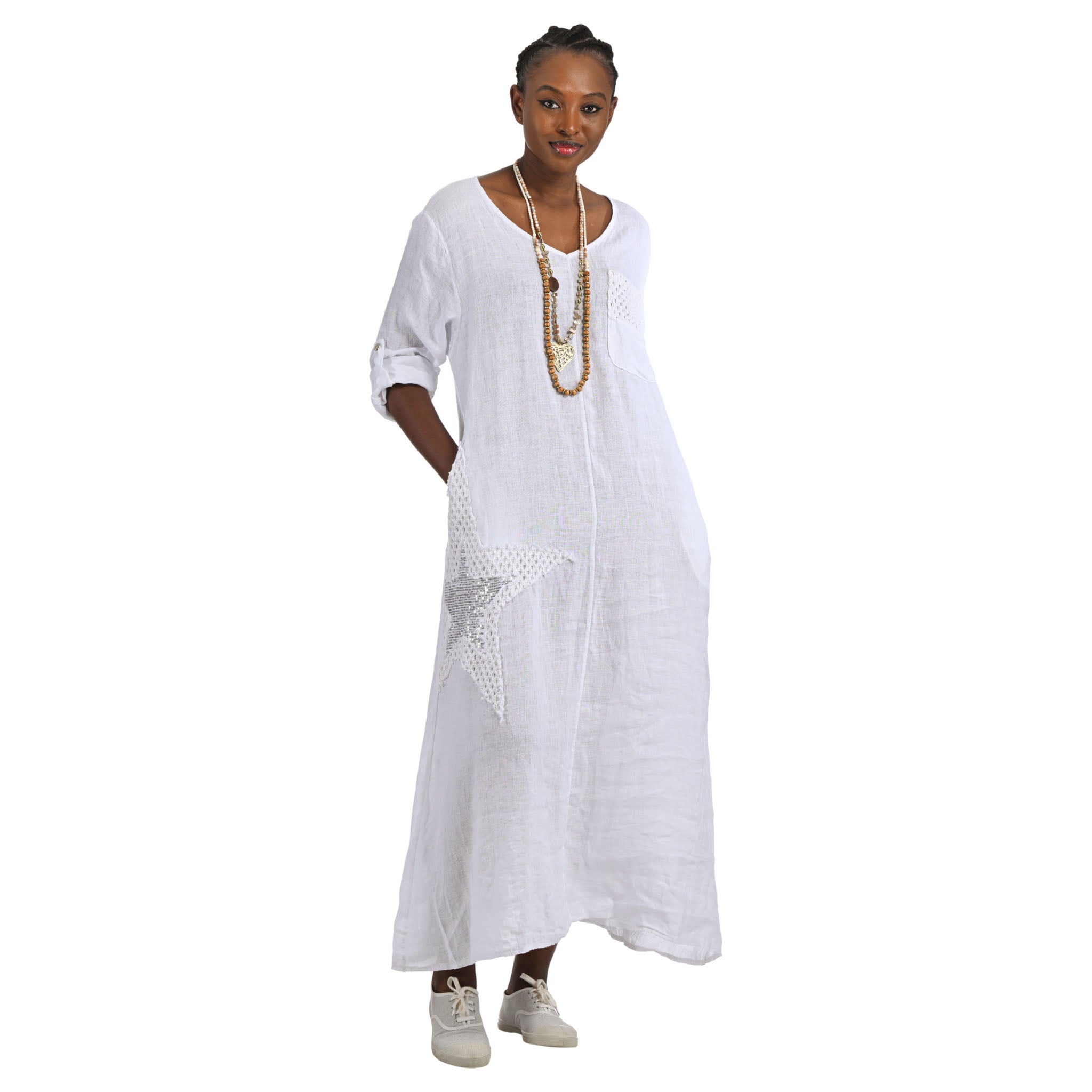 Giant sequin crochet star linen maxi dress