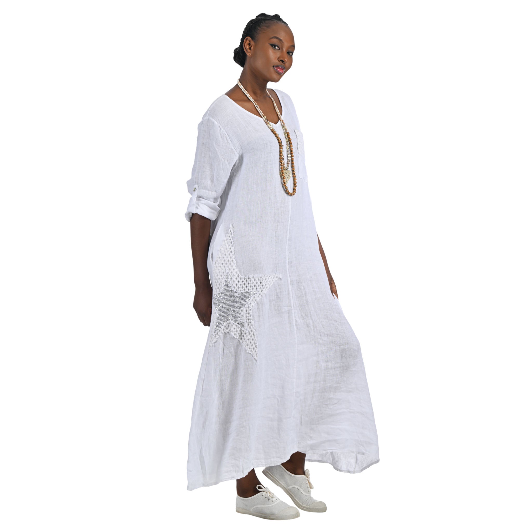 Giant sequin crochet star linen maxi dress