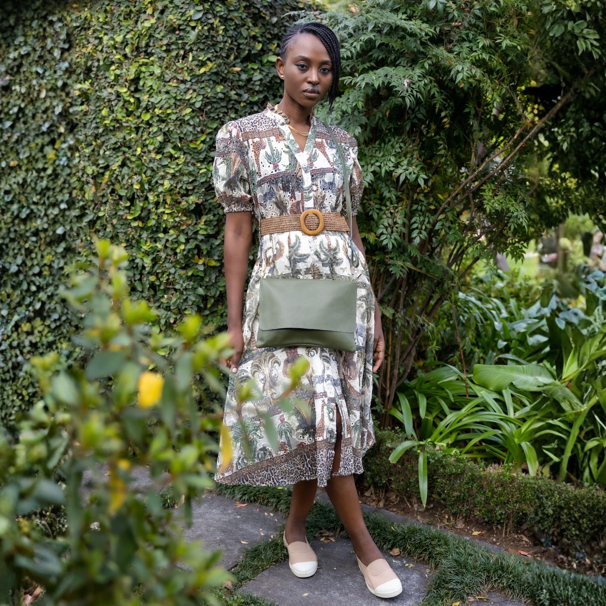 Jungle print anglaise belted dress