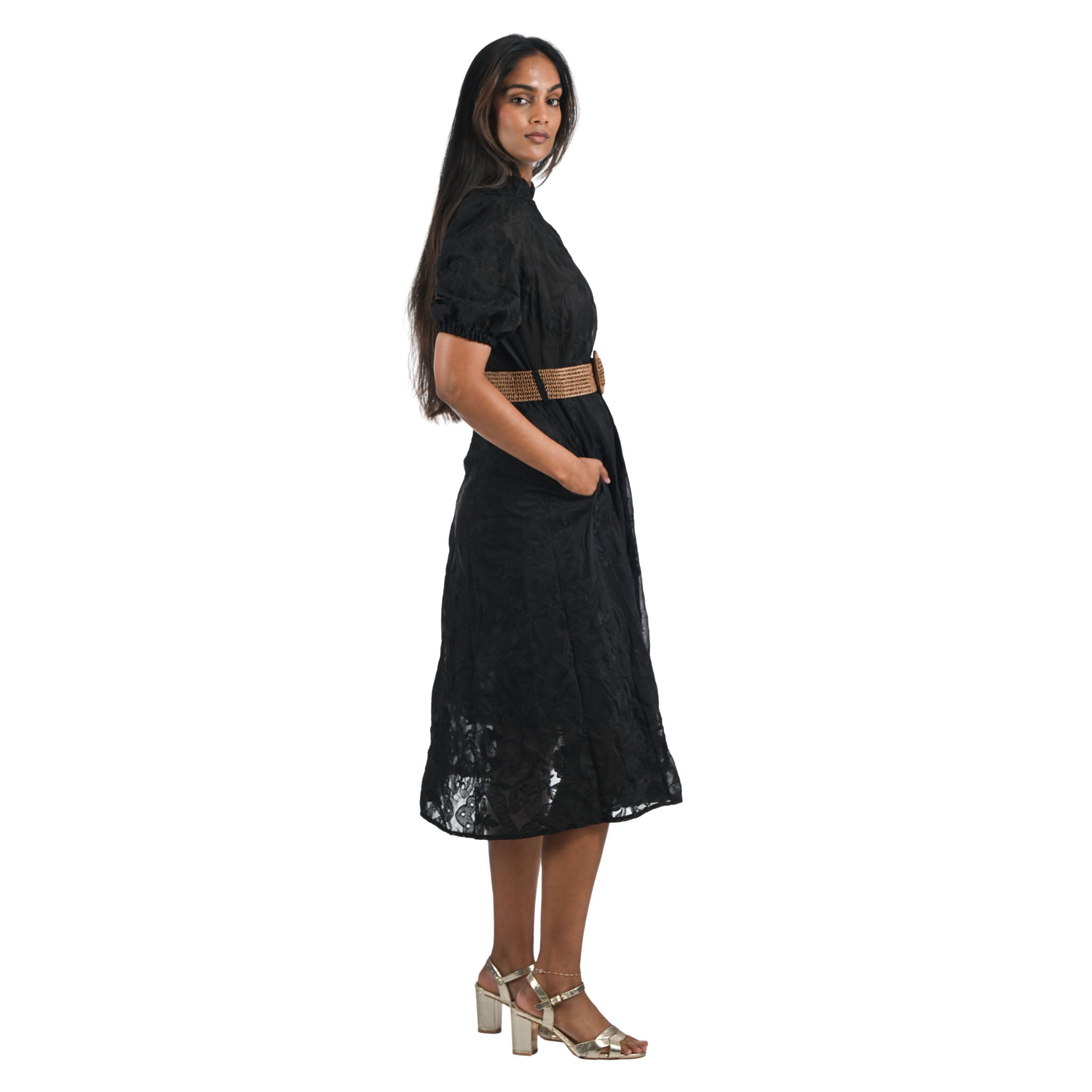 Embroidered belted dress
