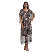 Bird floral printed double layer silk maxi dress