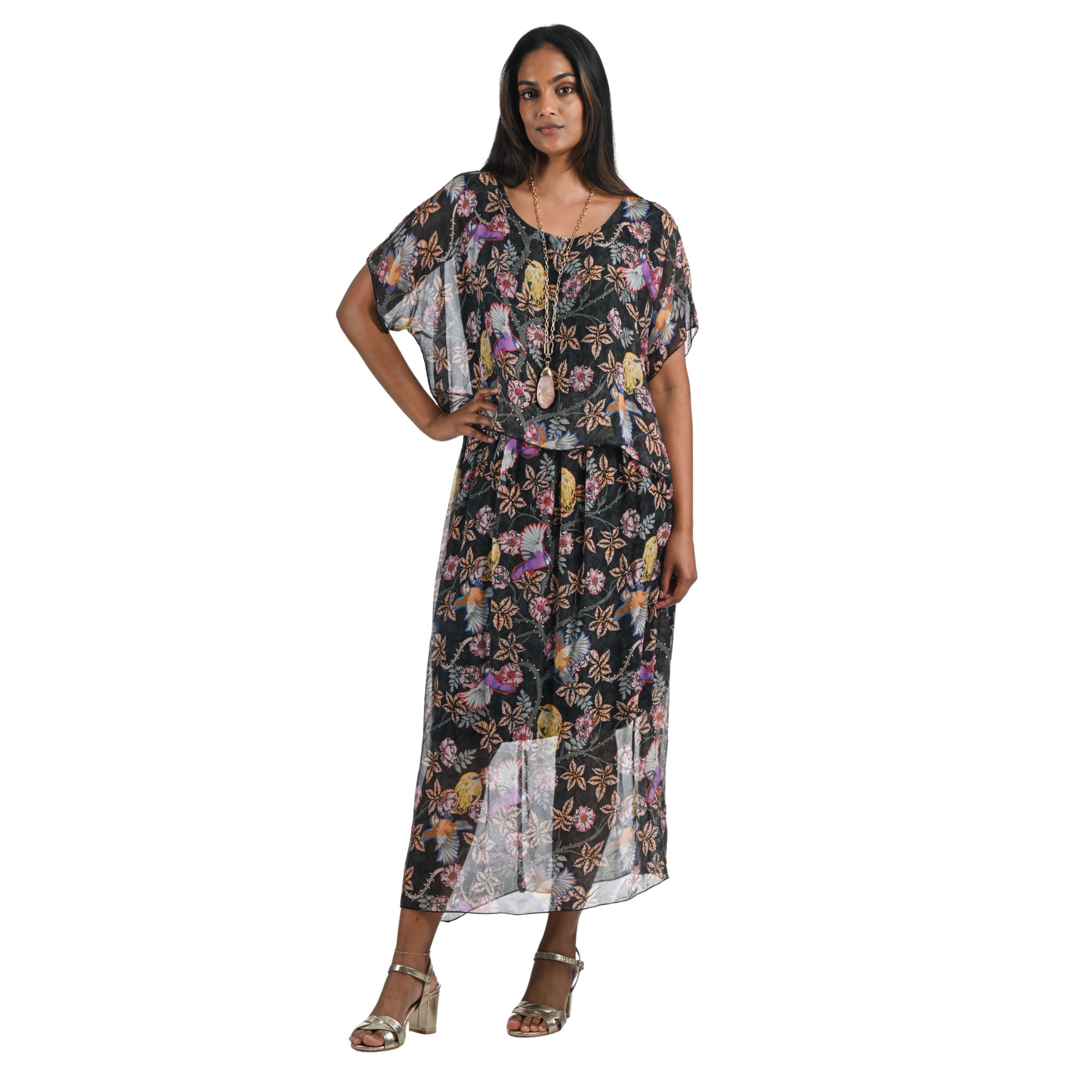 Bird floral printed double layer silk maxi dress