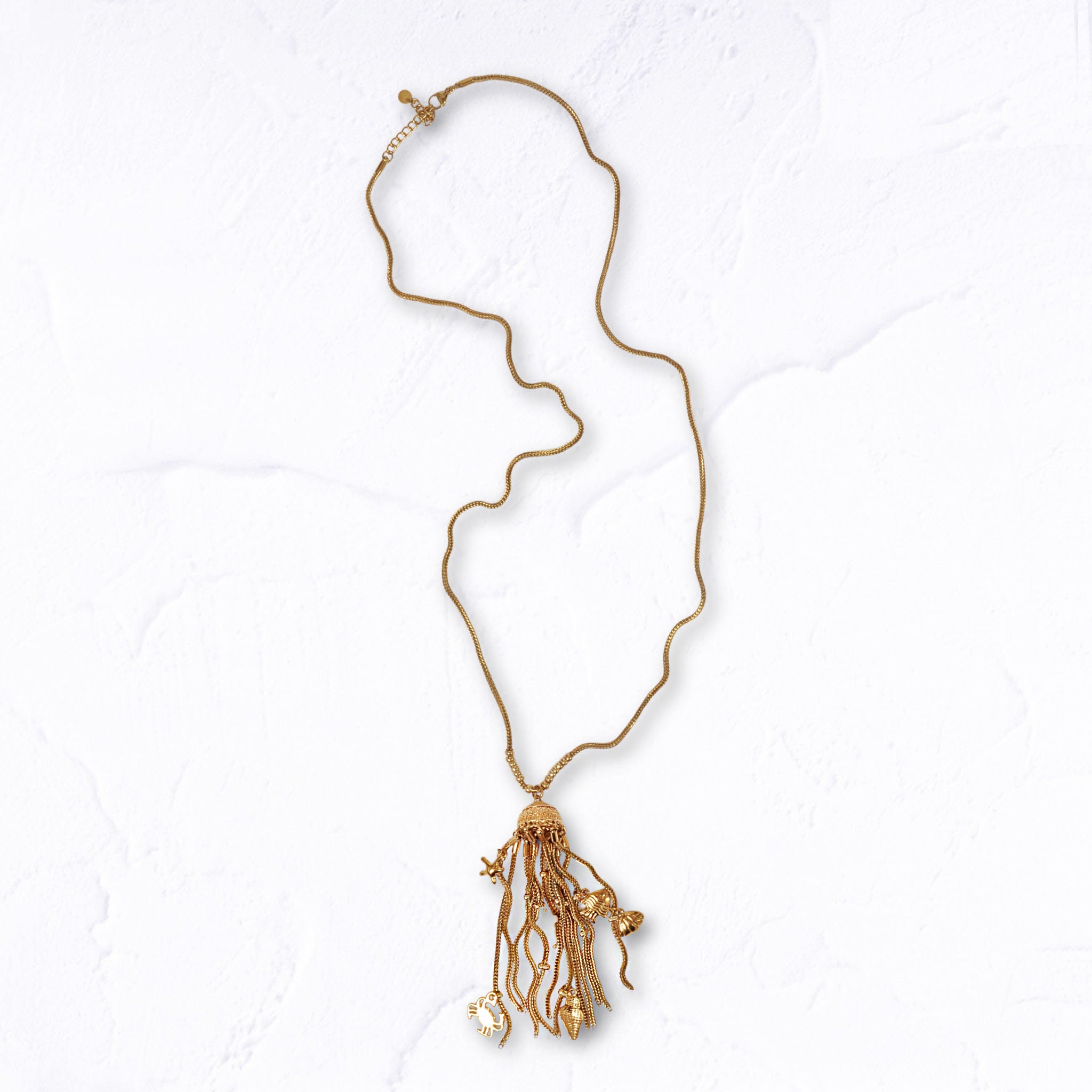 Multi tassel charm long mesh necklace