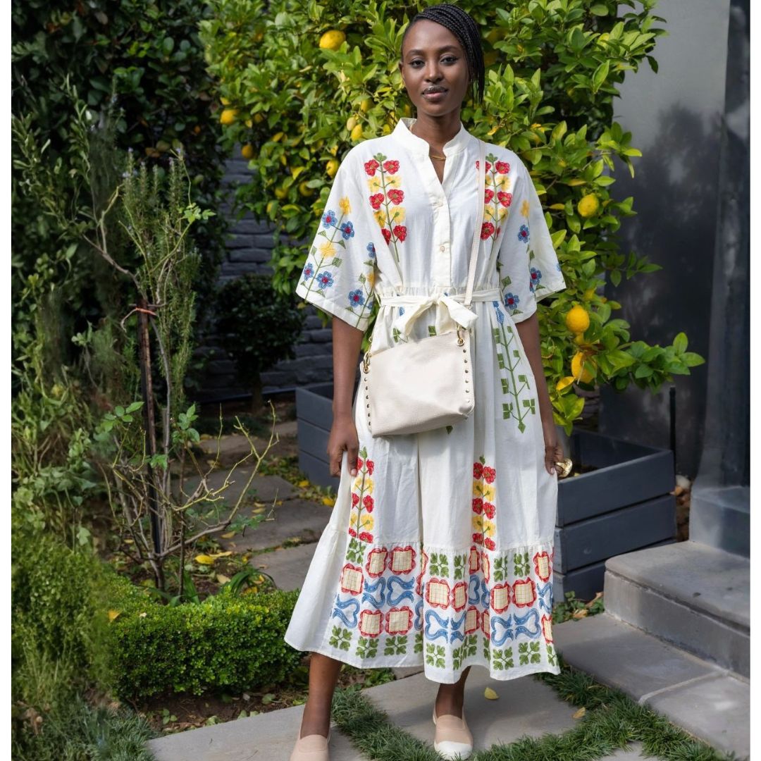 Embroidered floral belted dress