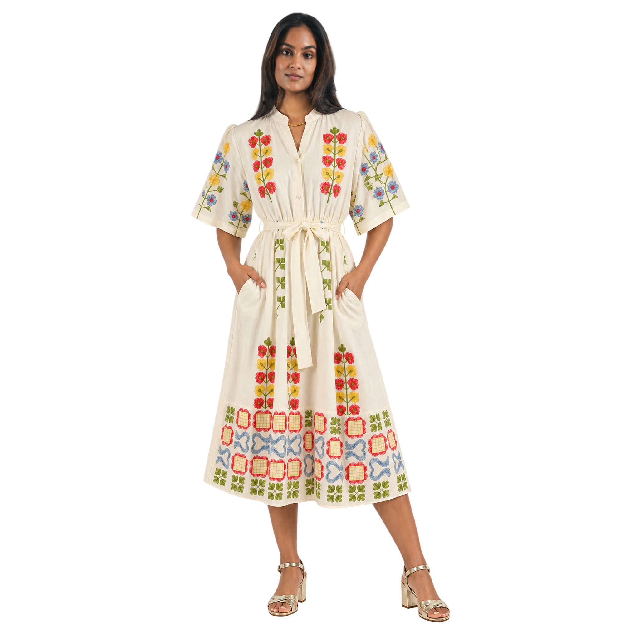 Embroidered floral belted dress