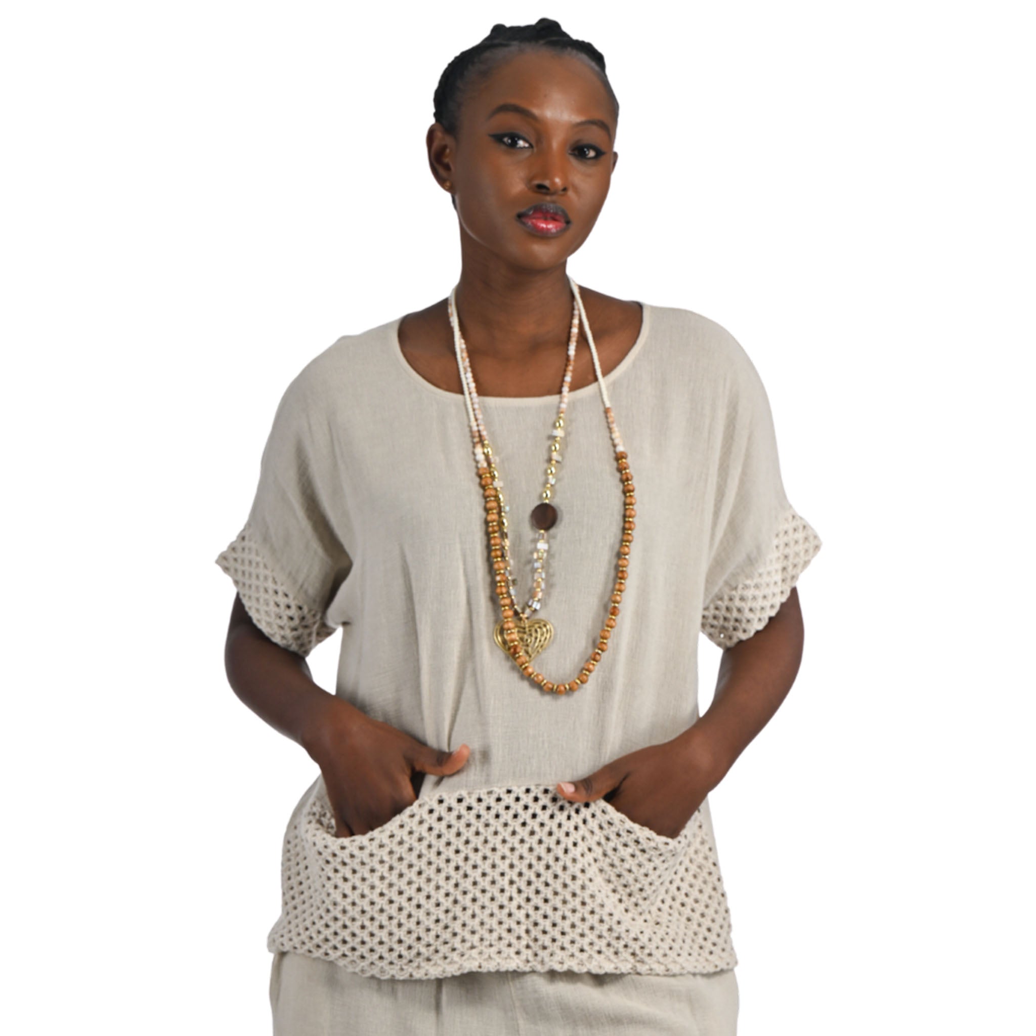 Crochet border linen mix top