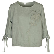 Giant crochet flower tie sleeve linen top