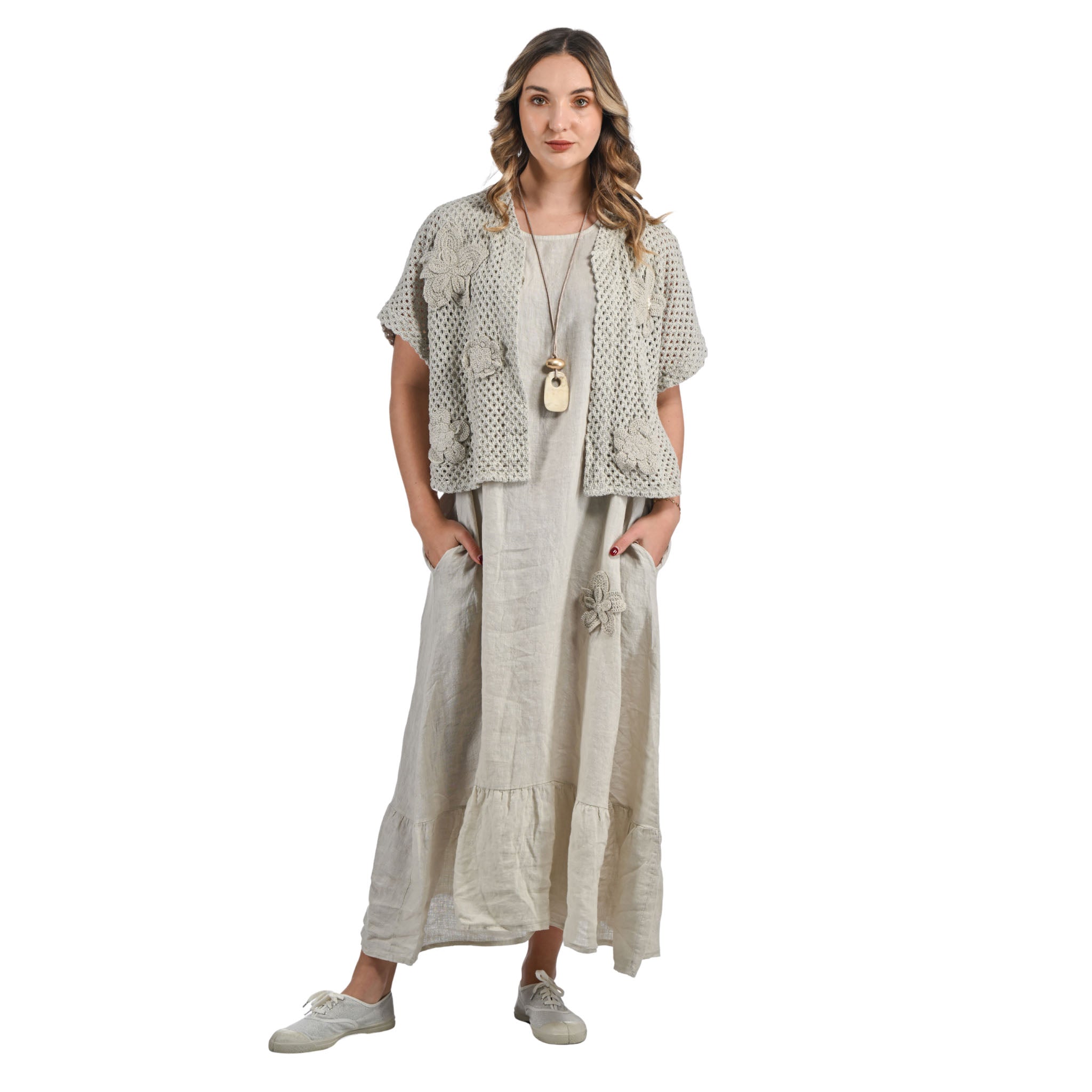 Crochet flower sleeveless linen maxi dress