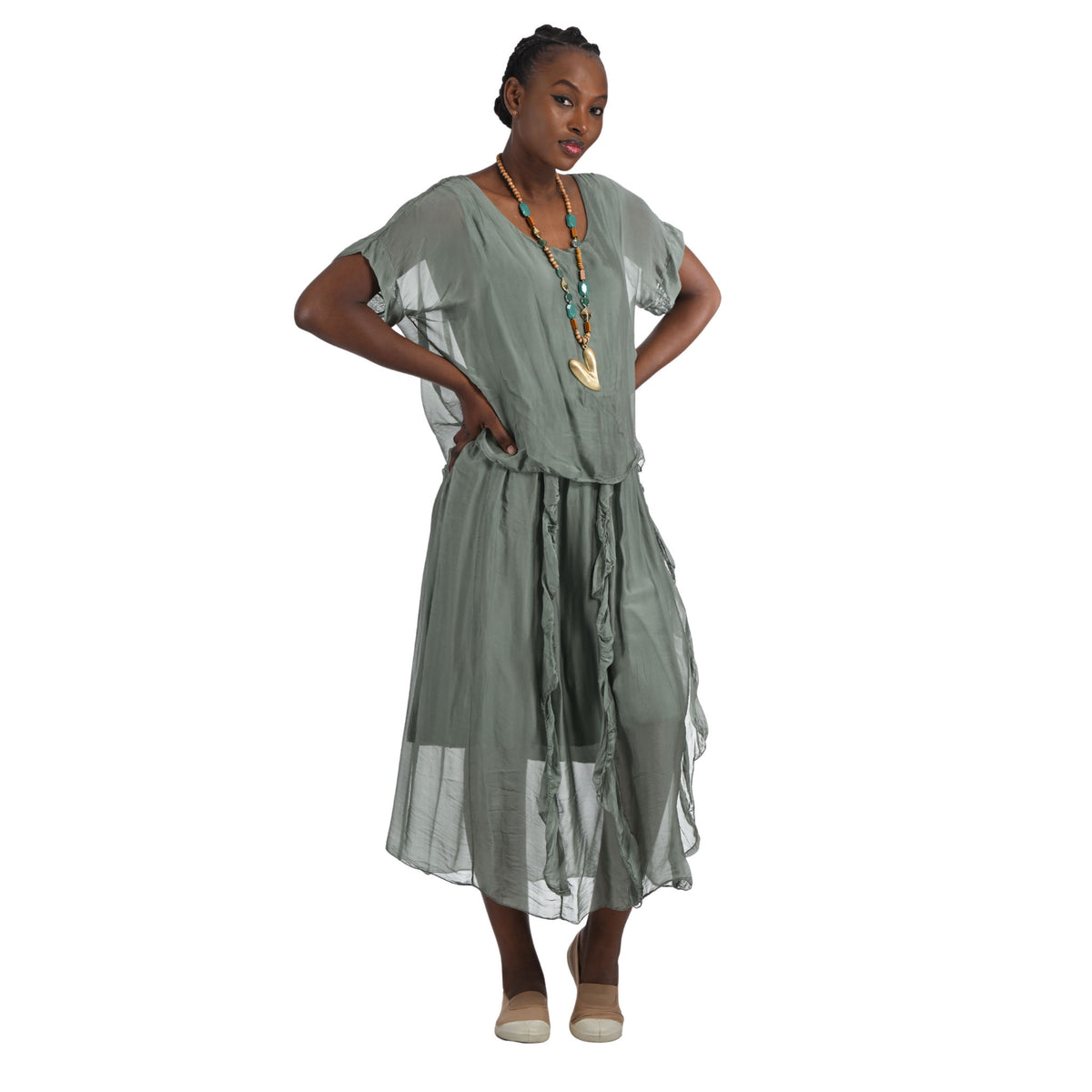 Double layer silk frill maxi dress