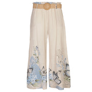 Belted butterfly print border pant