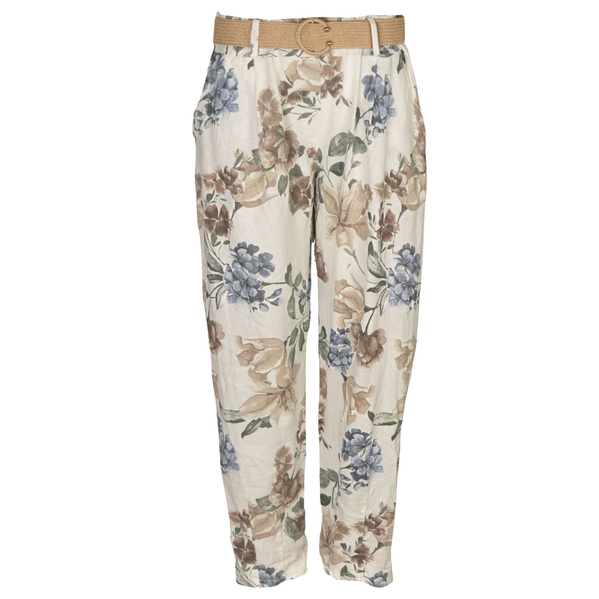 Giant floral print belted linen mix pant