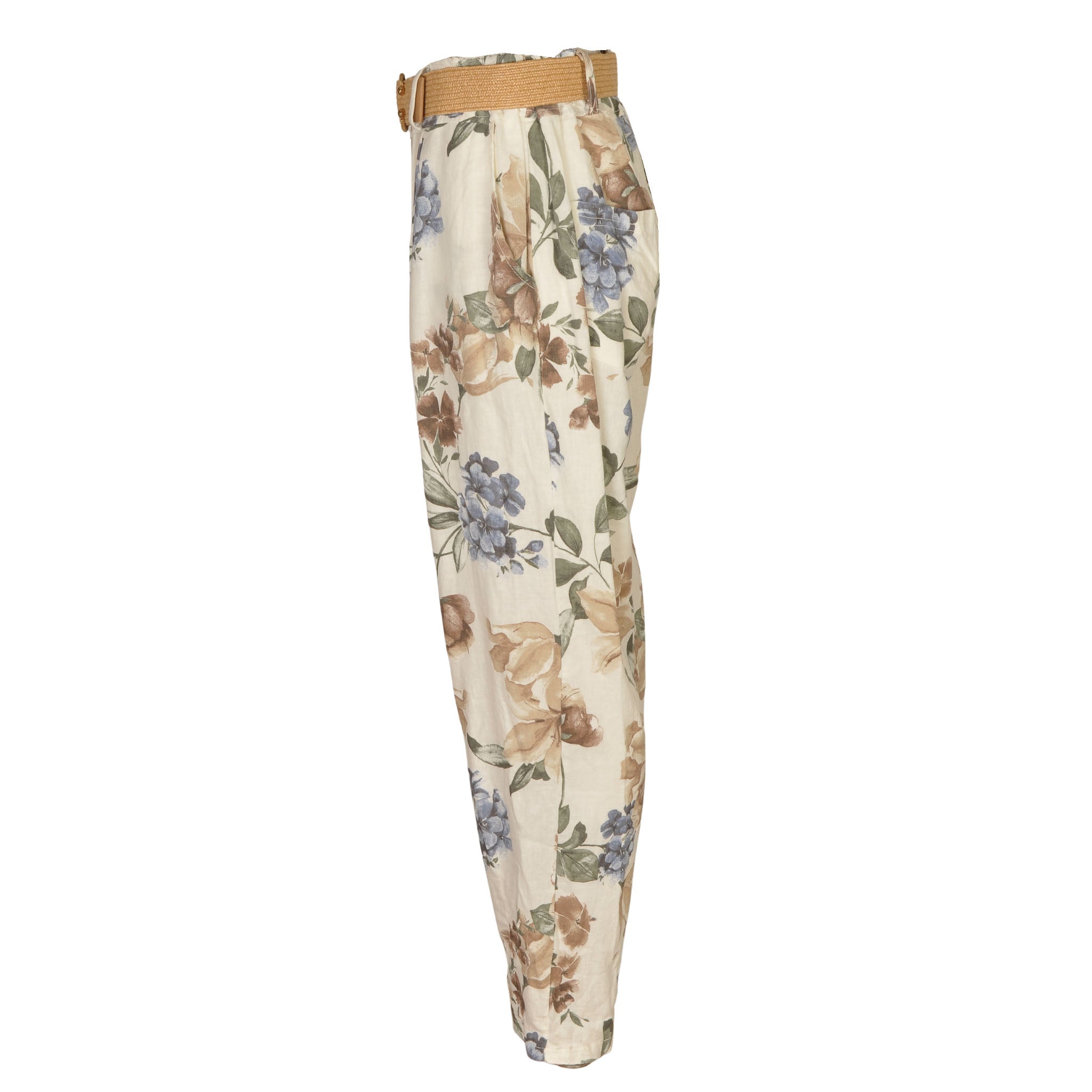 Giant floral print belted linen mix pant