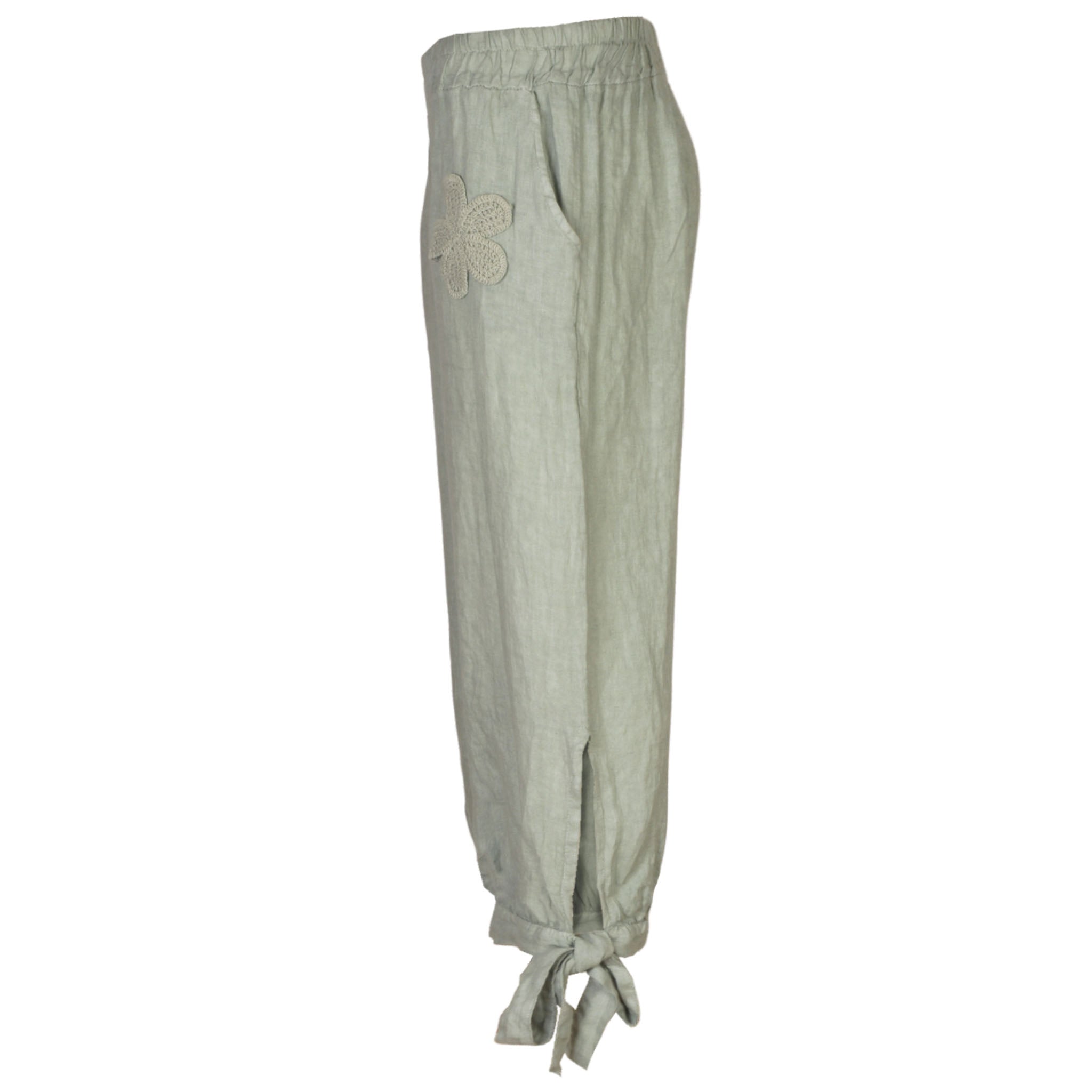 Crochet flower tie linen pant