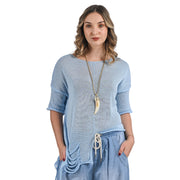 Aymetrical short sleeve torn pocket top
