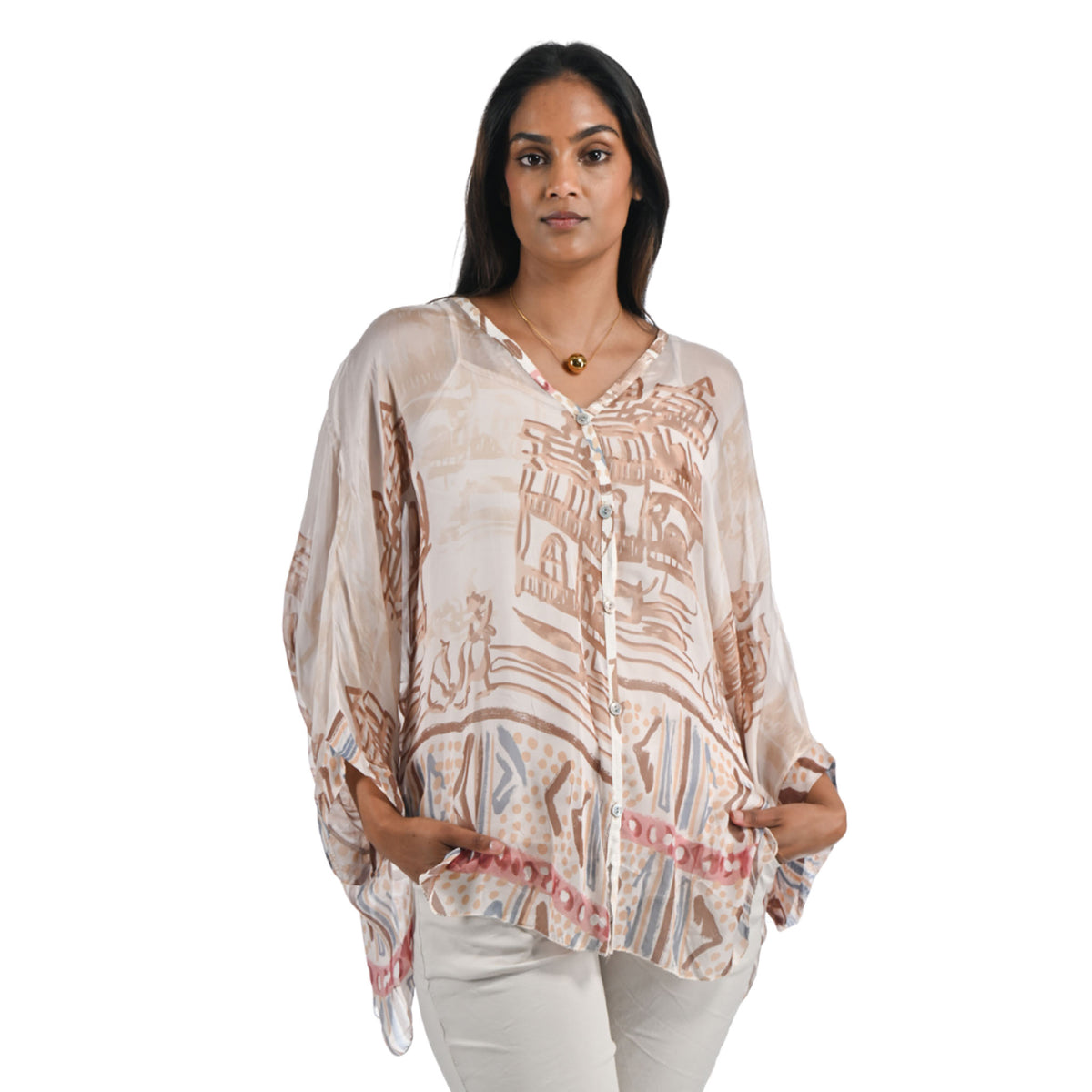 Abstract border silk double layered shirt