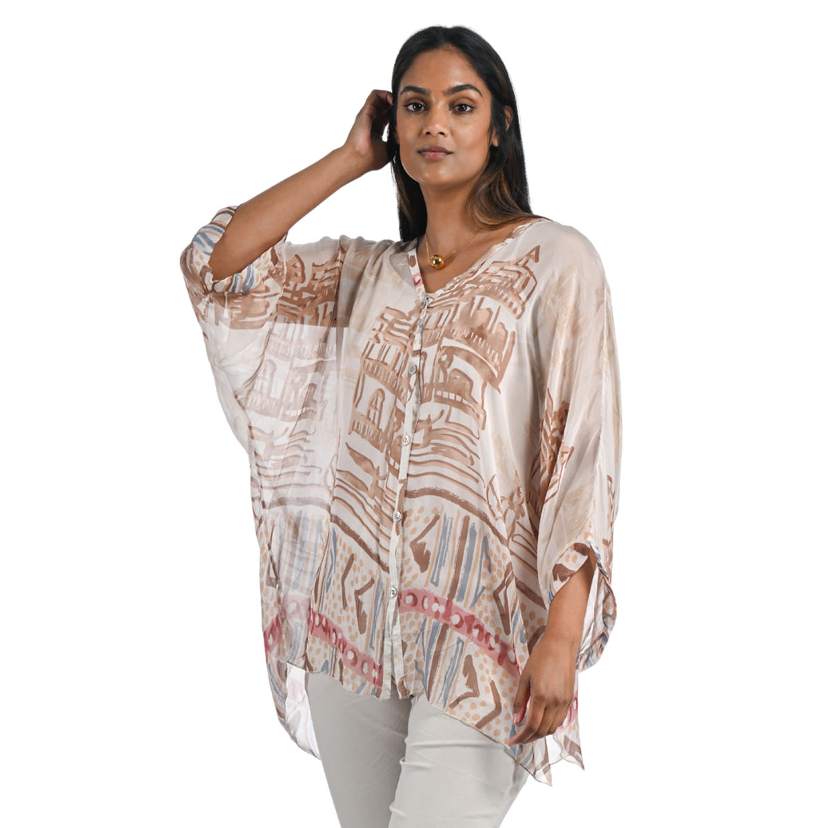 Abstract border silk double layered shirt