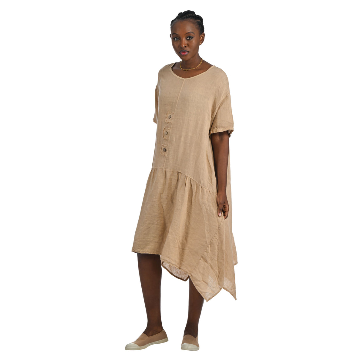 Three button dropped waist linen dress